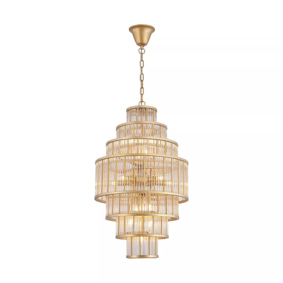 14Lt Pendant showcasing its luxurious gold finish and elegant clear glass rods
