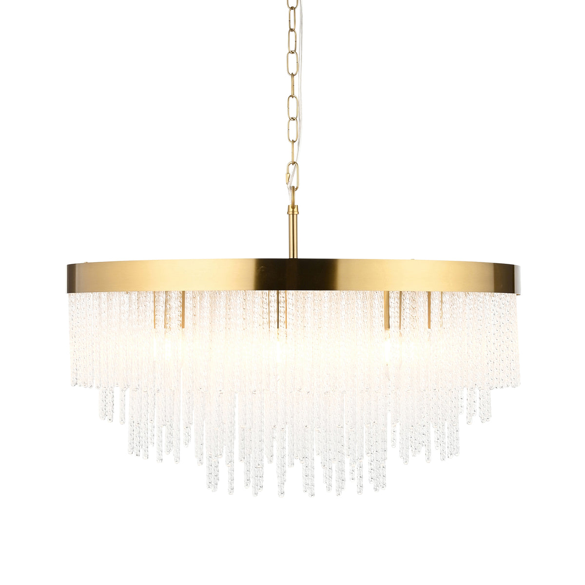 Anistoria Grand 9Lt Pendant showcasing its brushed aged brass finish and intricate clear glass rod arrangement
