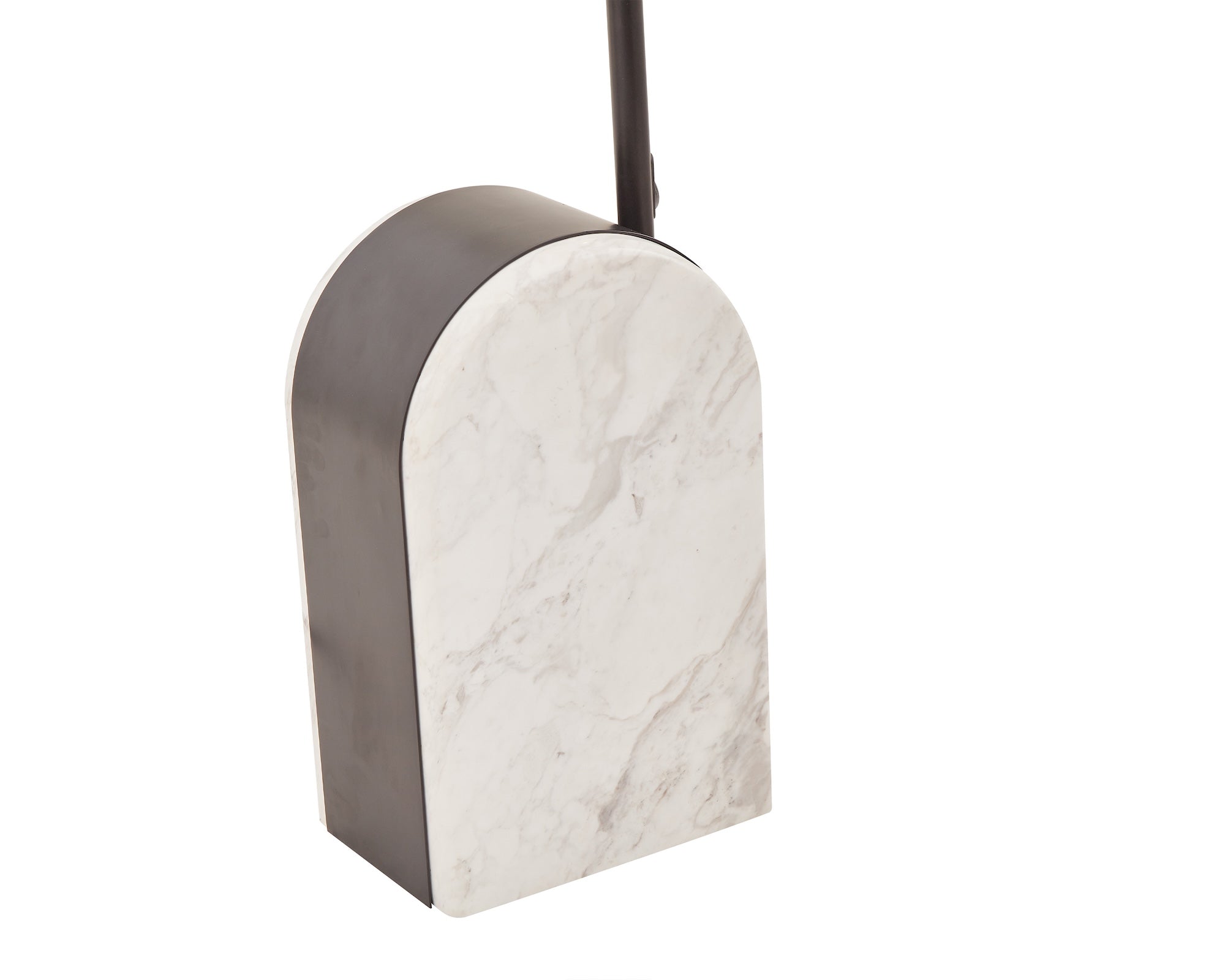 Arcadia Floor Lamp by Liang & Eimil featuring a travertine marble base, matte black frame, and linen shade