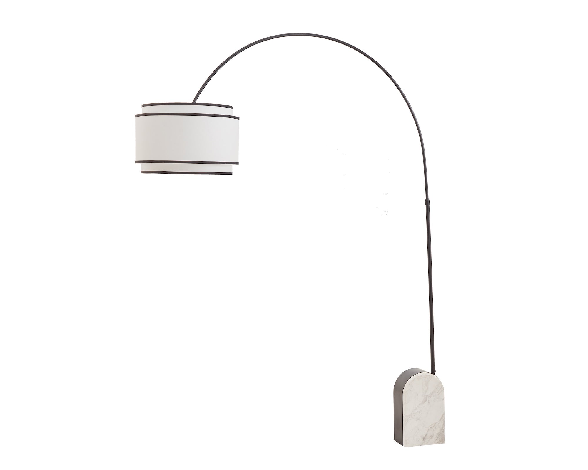 Arcadia Floor Lamp by Liang & Eimil featuring a travertine marble base, matte black frame, and linen shade