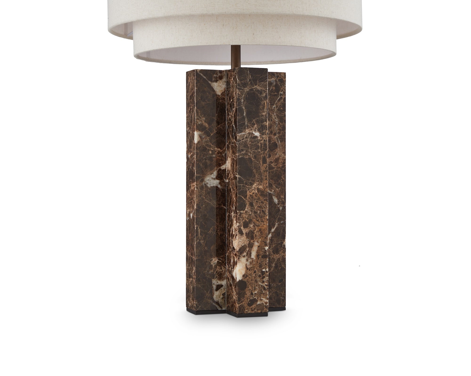 Asos Table Lamp by Liang & Eimil featuring an Emperador marble base, antique bronze detailing, and a layered beige linen shade