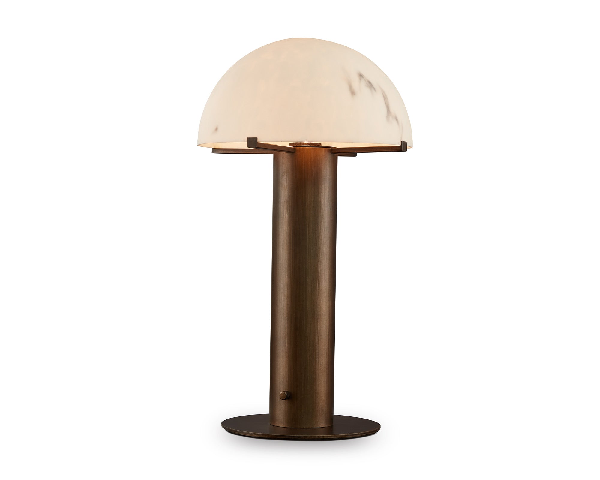 Aston Table Lamp by Liang & Eimil featuring an alabaster-effect dome shade with an antique brass base