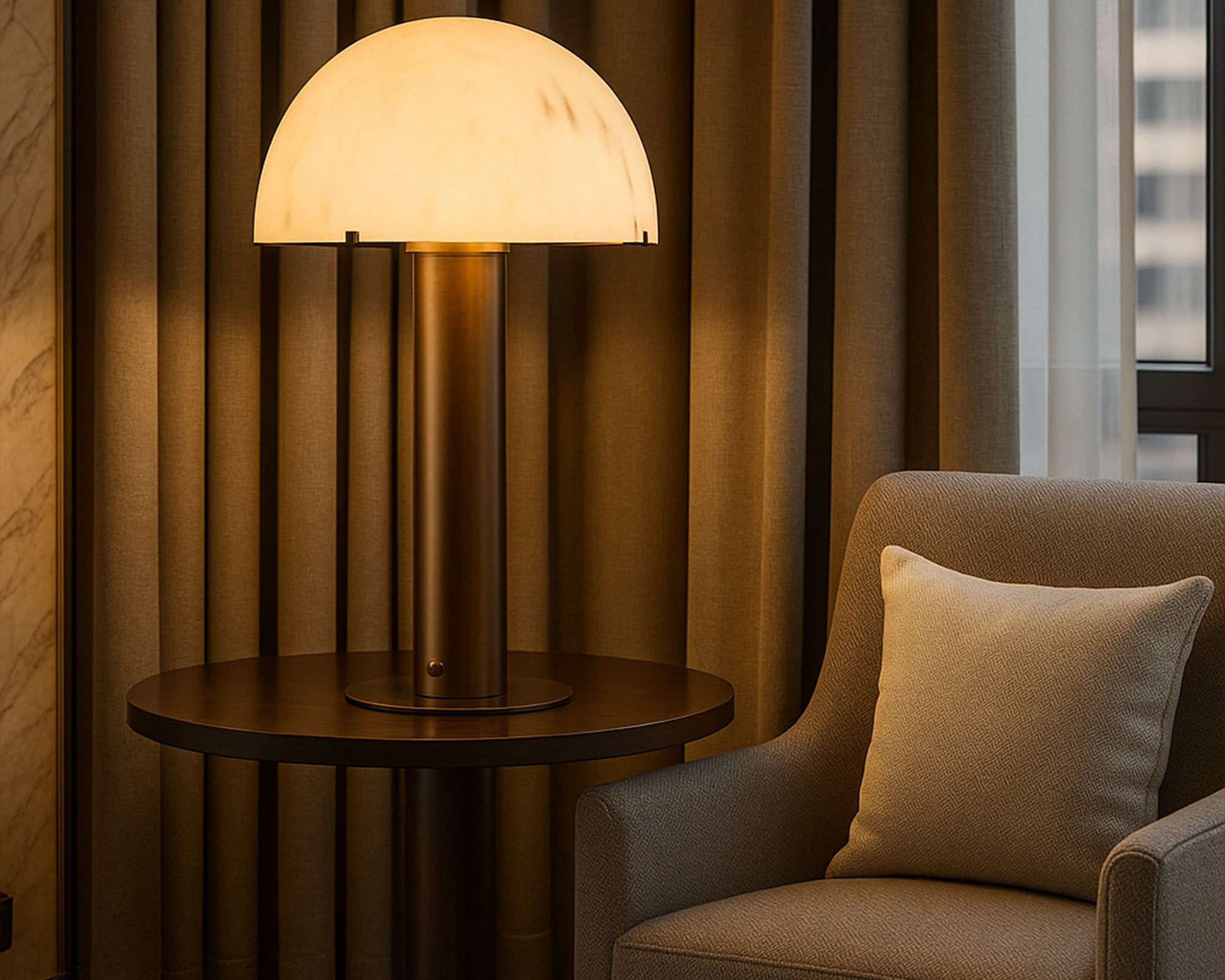 Aston Table Lamp by Liang & Eimil featuring an alabaster-effect dome shade with an antique brass base