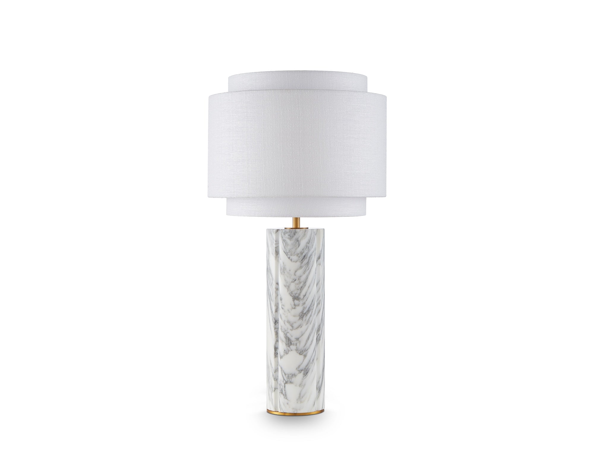 Aulis Table Lamp by Liang & Eimil featuring a cylindrical marble base with antique brass accents and a layered linen shade