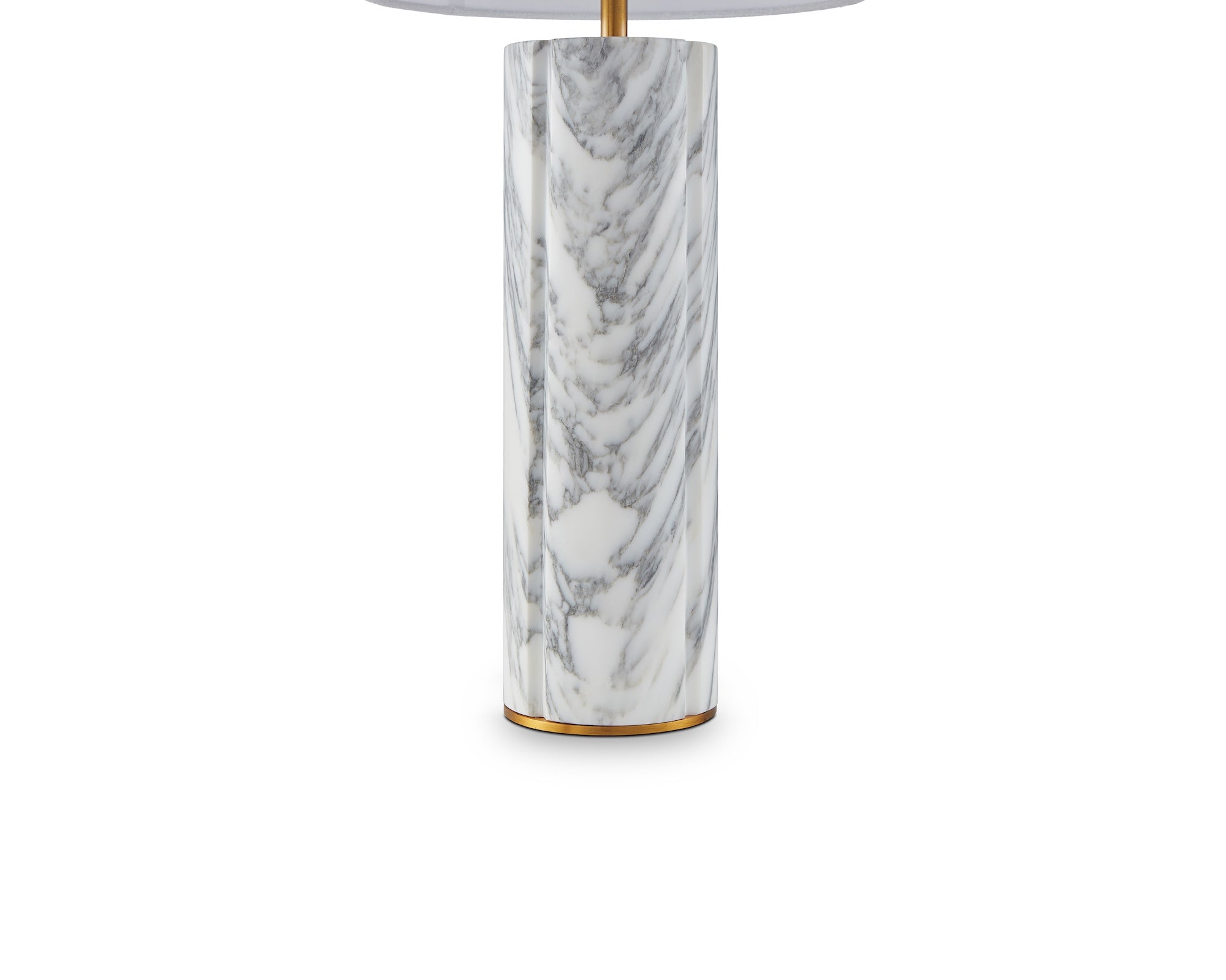 Aulis Table Lamp by Liang & Eimil featuring a cylindrical marble base with antique brass accents and a layered linen shade