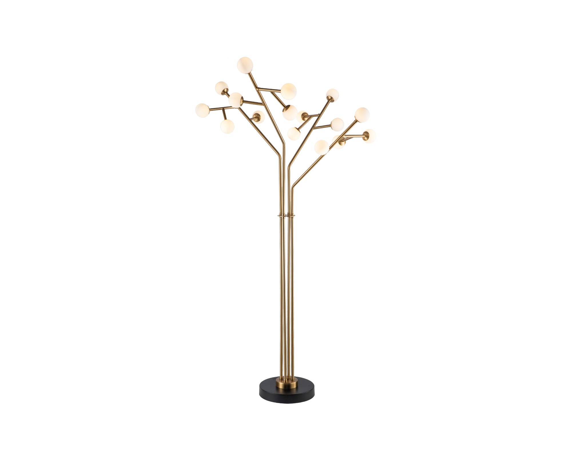 Bosco Floor Lamp by Liang & Eimil featuring an antique brass branching frame with frosted white glass globes