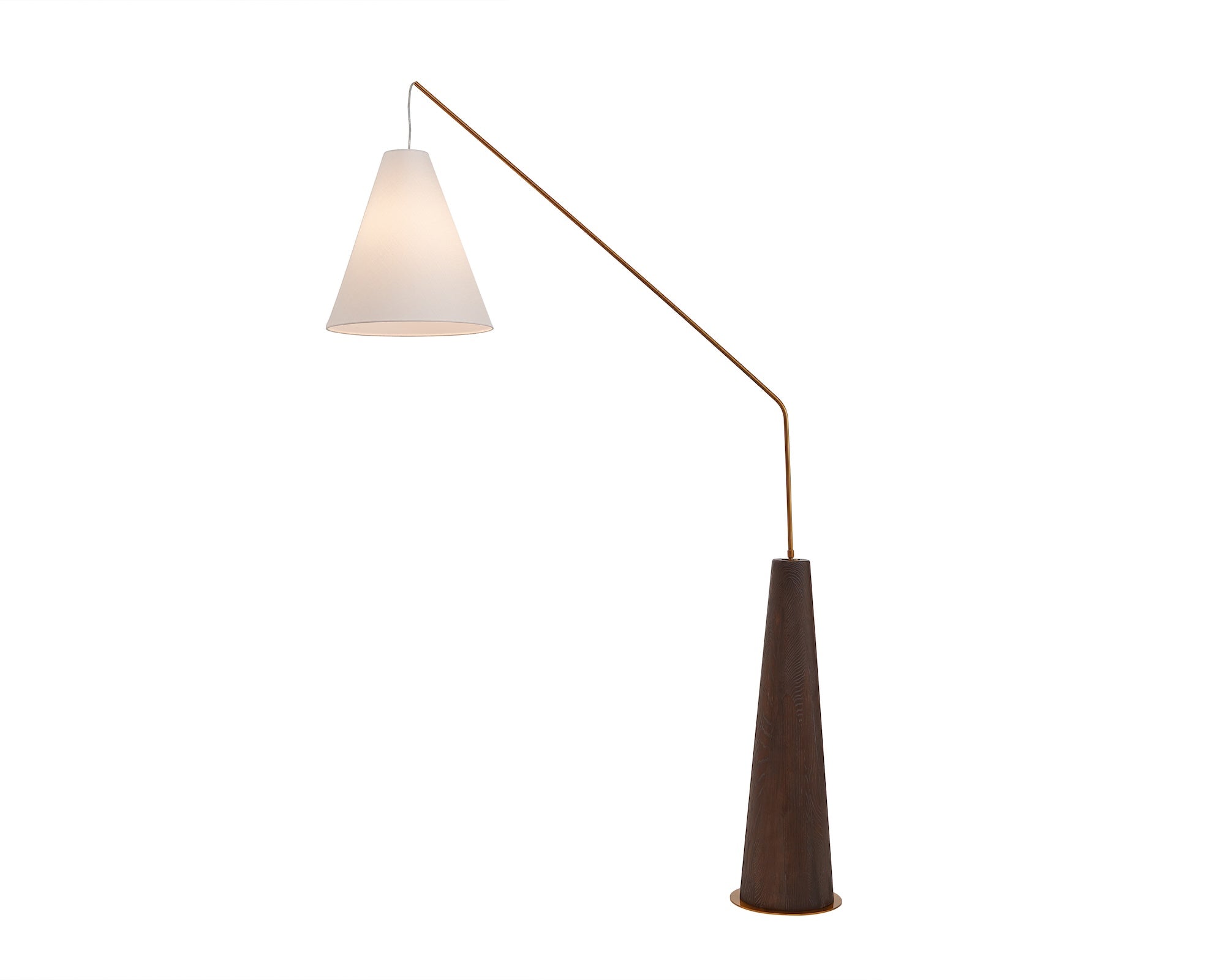 Brandon Floor Lamp by Liang & Eimil featuring brushed dark brown oak veneer, brass accents, and a cream linen shade