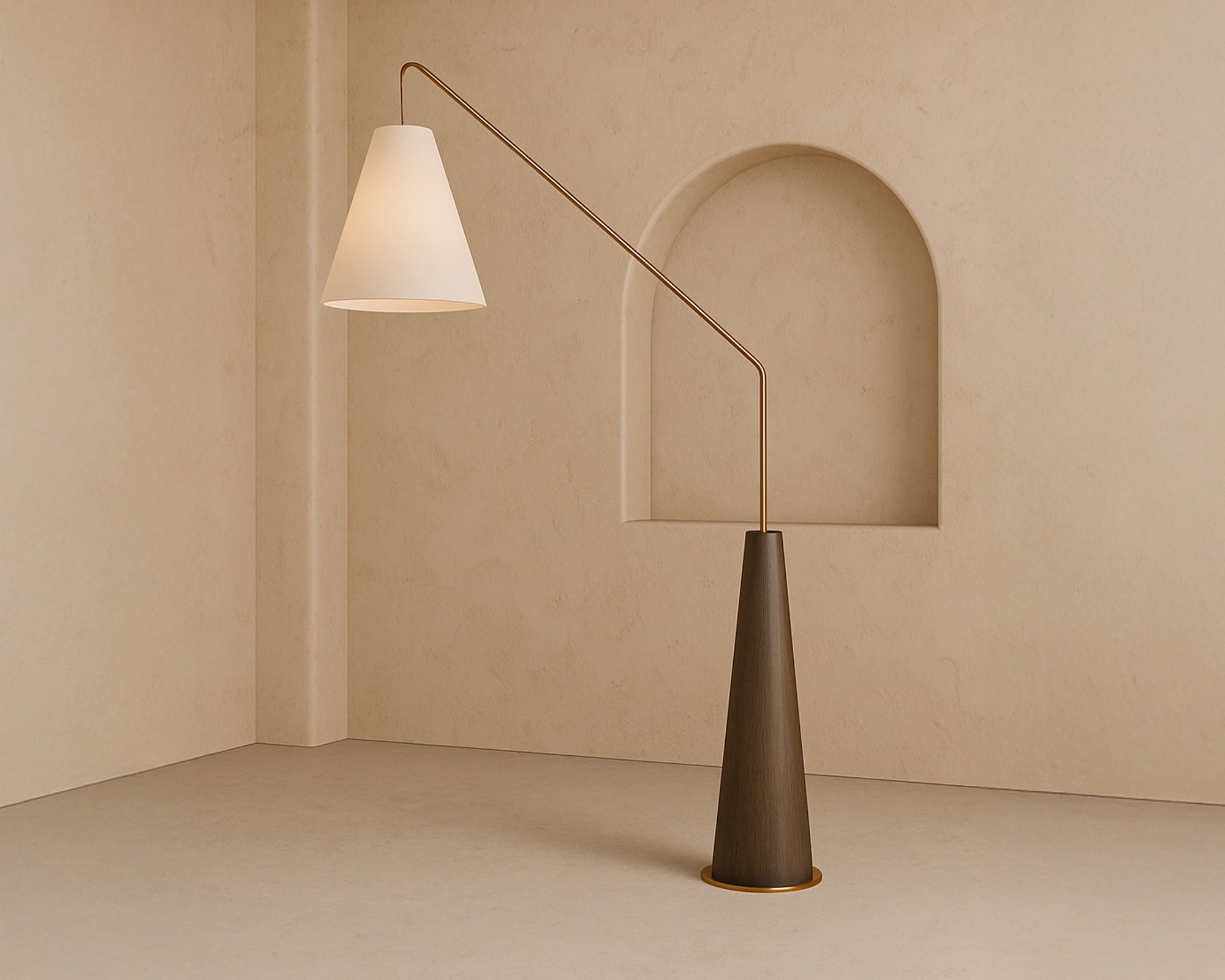 Brandon Floor Lamp by Liang & Eimil featuring brushed dark brown oak veneer, brass accents, and a cream linen shade