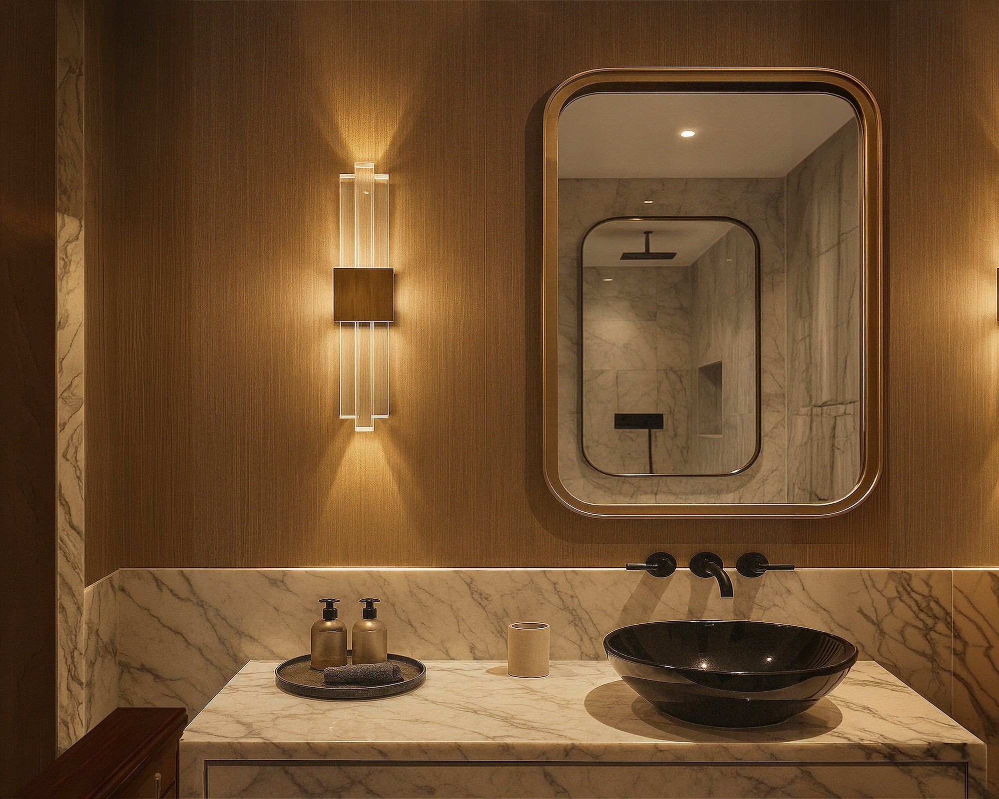 Bravura IP44 Wall Light by Liang & Eimil with transparent acrylic layers and brushed brass finish