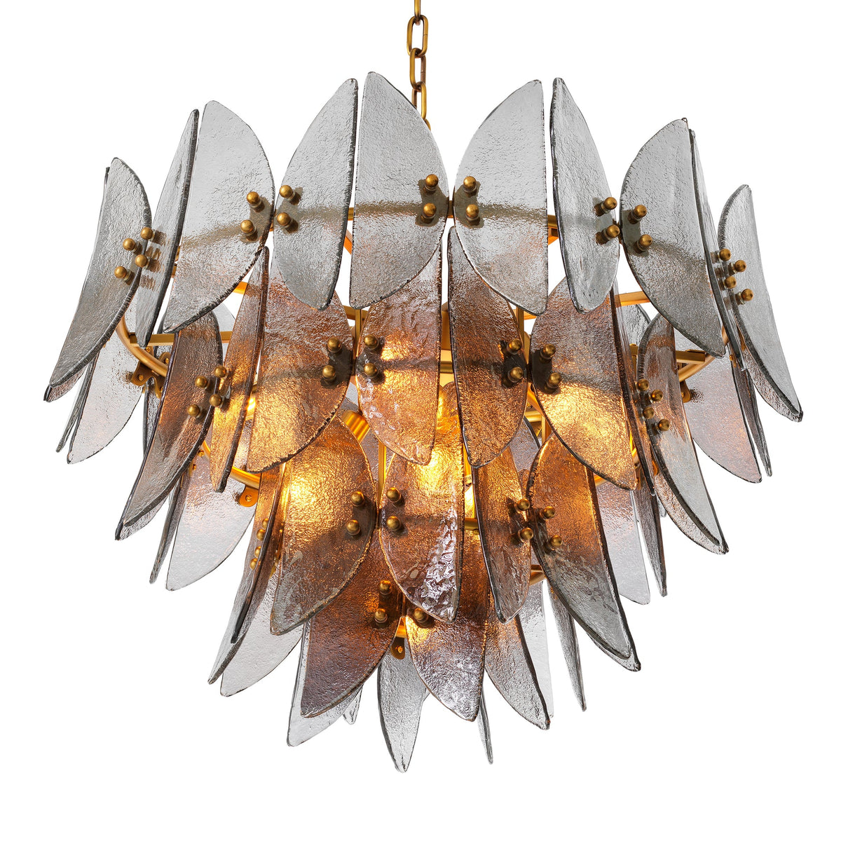 Brooks Chandelier showcasing antique brass craftsmanship and layered light smoke recycled glass