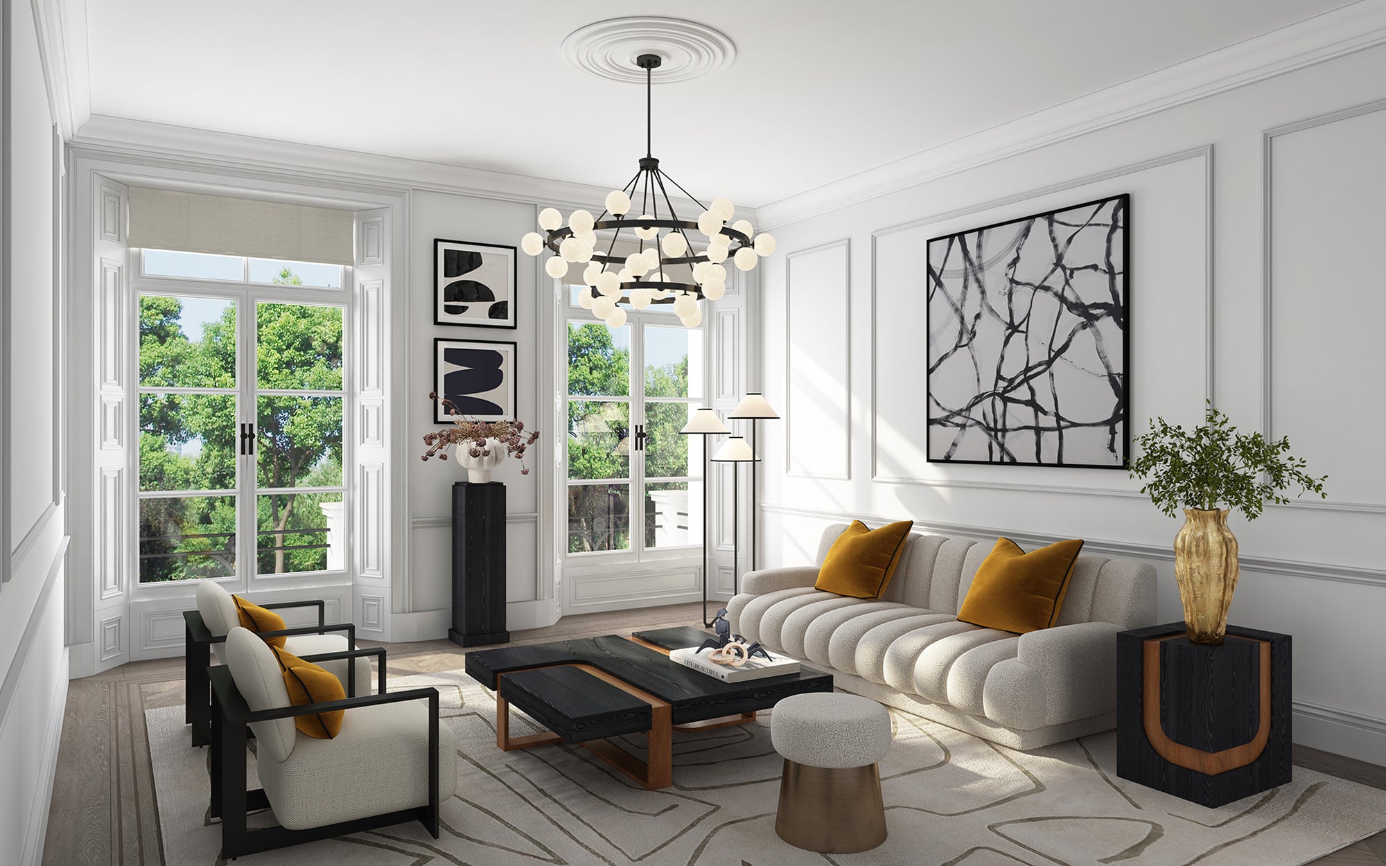 Bucolic Pendant Lamp - Liang & Eimil featuring white glass shades and a matt black frame.
