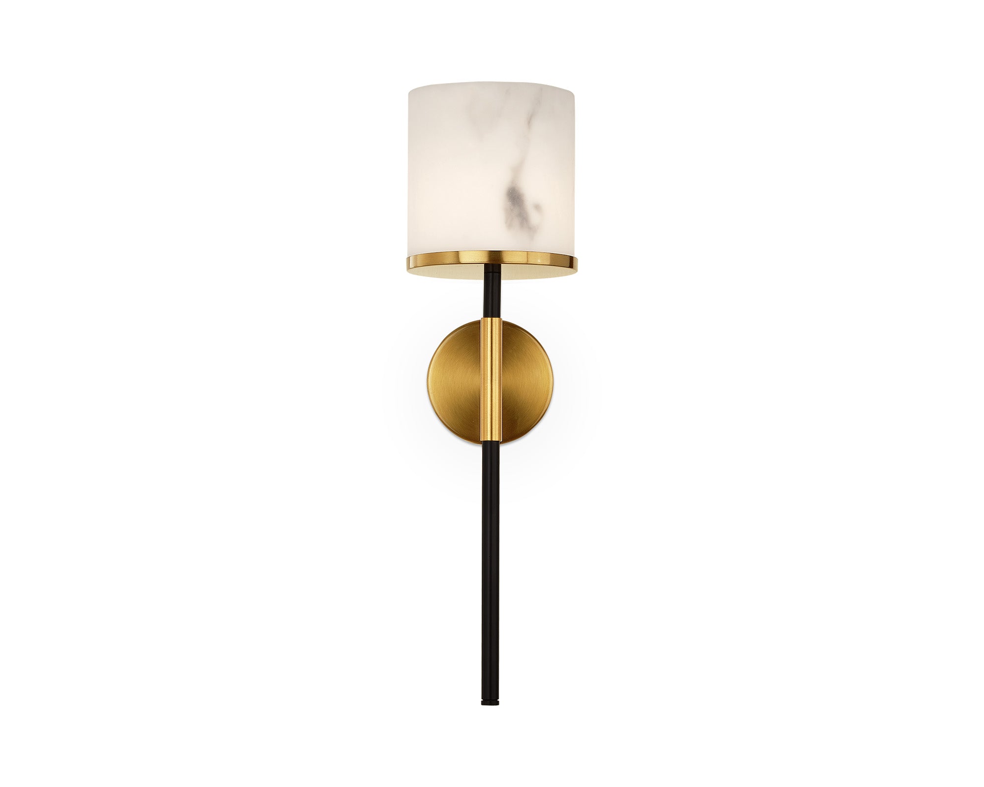 Callum Wall Light by Liang & Eimil featuring a faux alabaster shade with black iron frame and brushed brass detailing