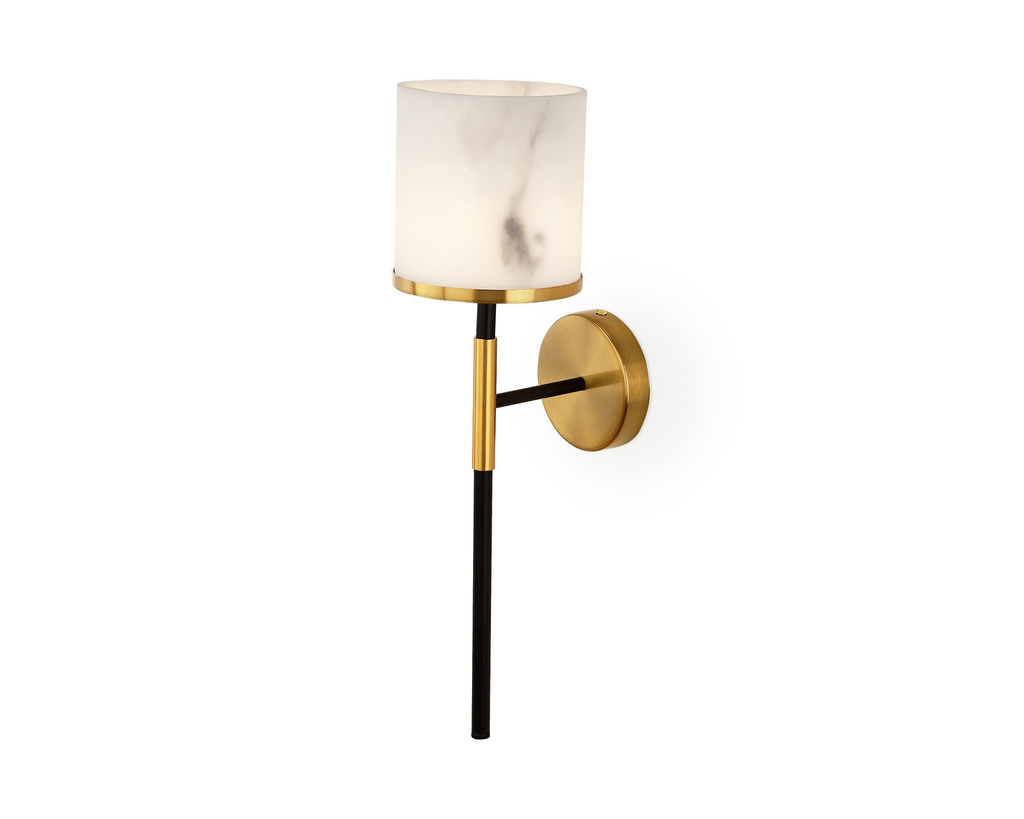 Callum Wall Light by Liang & Eimil featuring a faux alabaster shade with black iron frame and brushed brass detailing