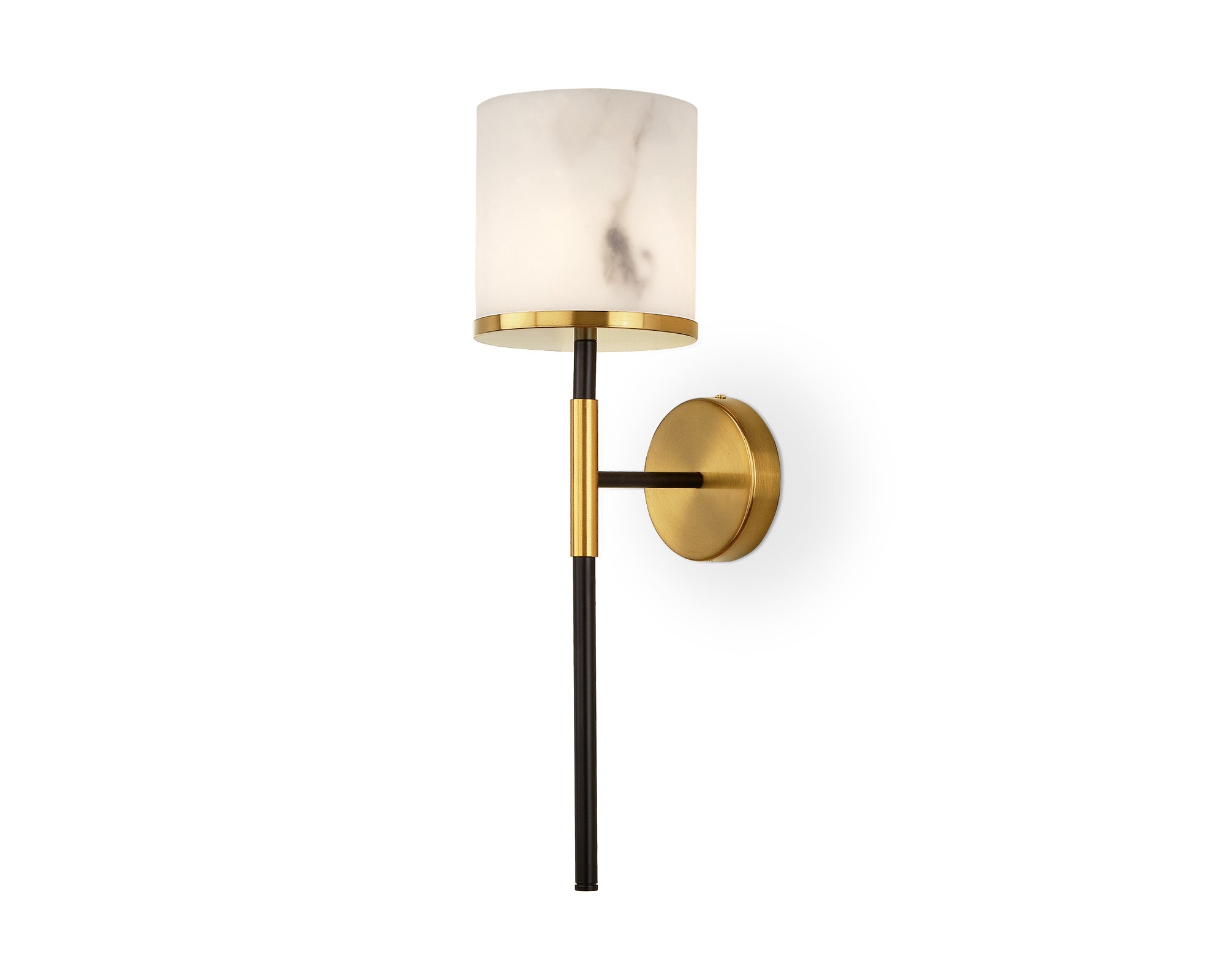 Callum Wall Light by Liang & Eimil featuring a faux alabaster shade with black iron frame and brushed brass detailing