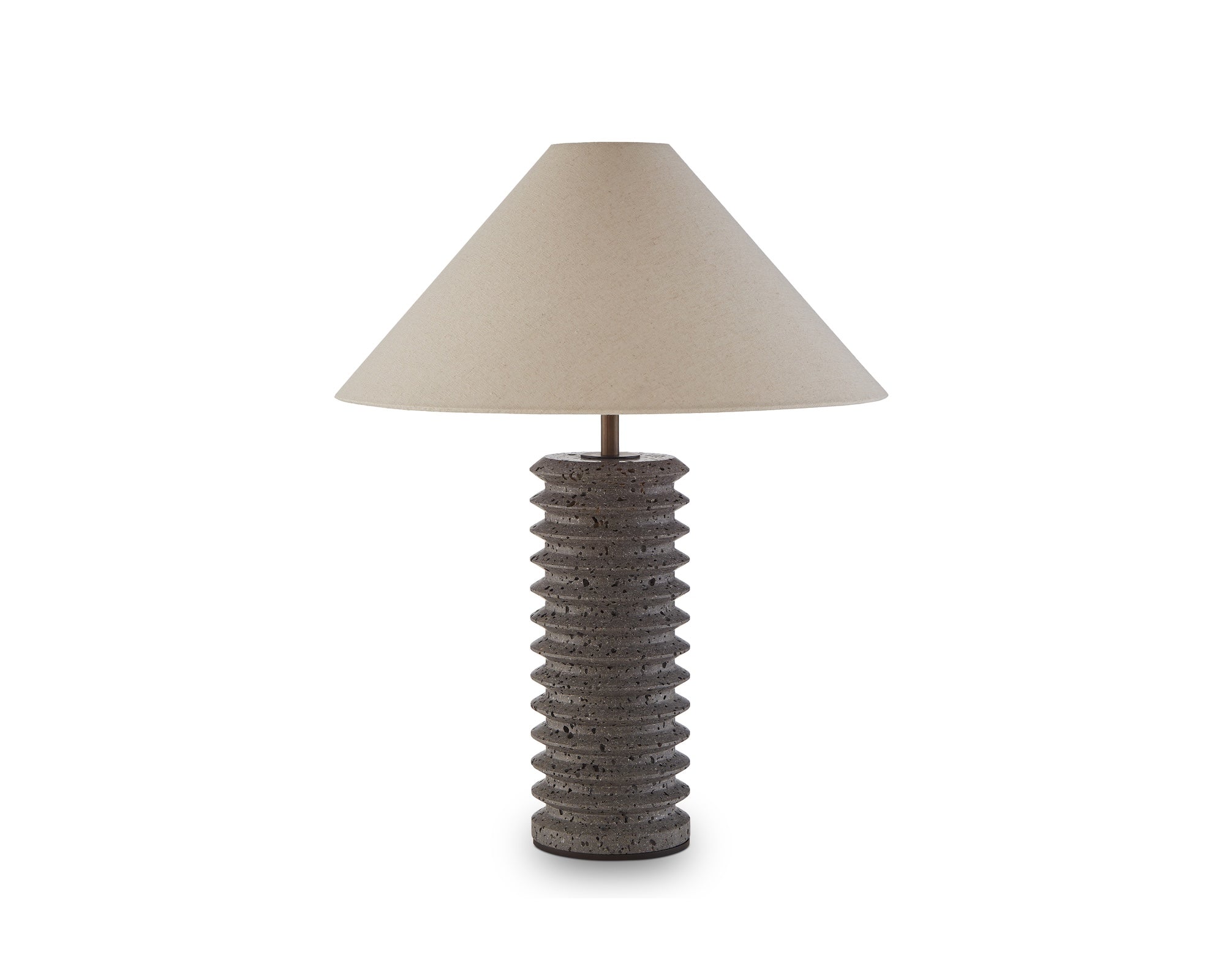 Carson Table Lamp by Liang & Eimil featuring a tiered dark travertine base with antique bronze detailing and a grey linen shade