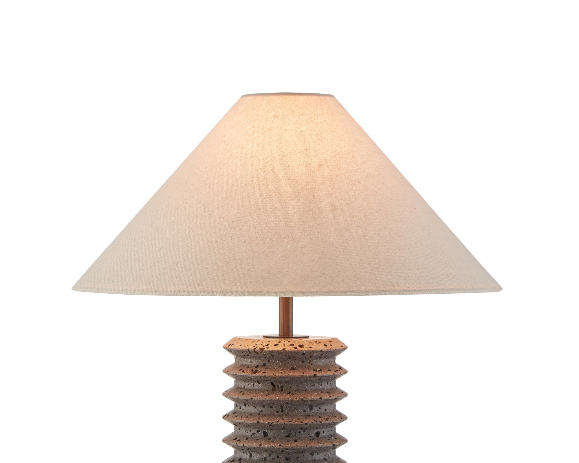 Carson Table Lamp by Liang & Eimil featuring a tiered dark travertine base with antique bronze detailing and a grey linen shade