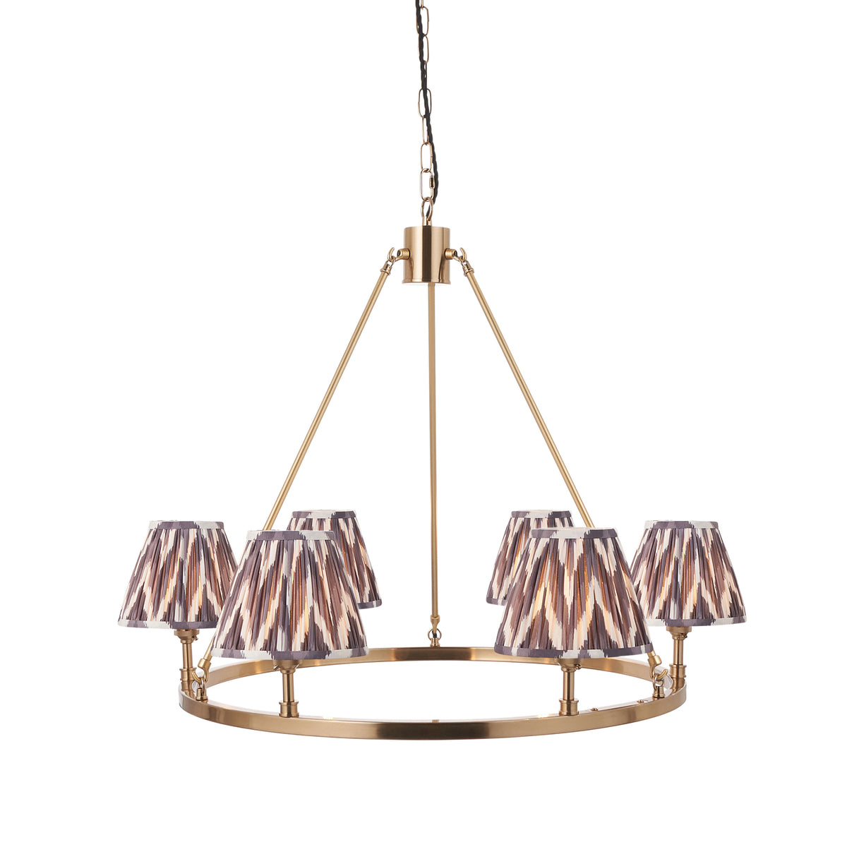 Chester & Zigzag 16cm 6Lt Pendant showcasing its timeless aged brass hoop design and pearl grey shades