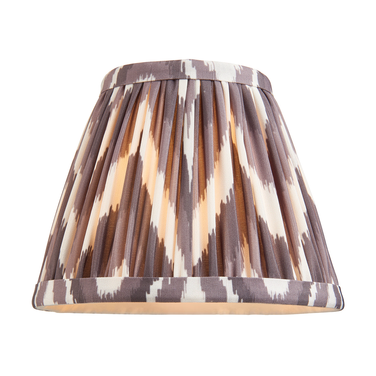 Close-up revealing the digitally printed pearl grey faux silk fabric and taped edge detailing