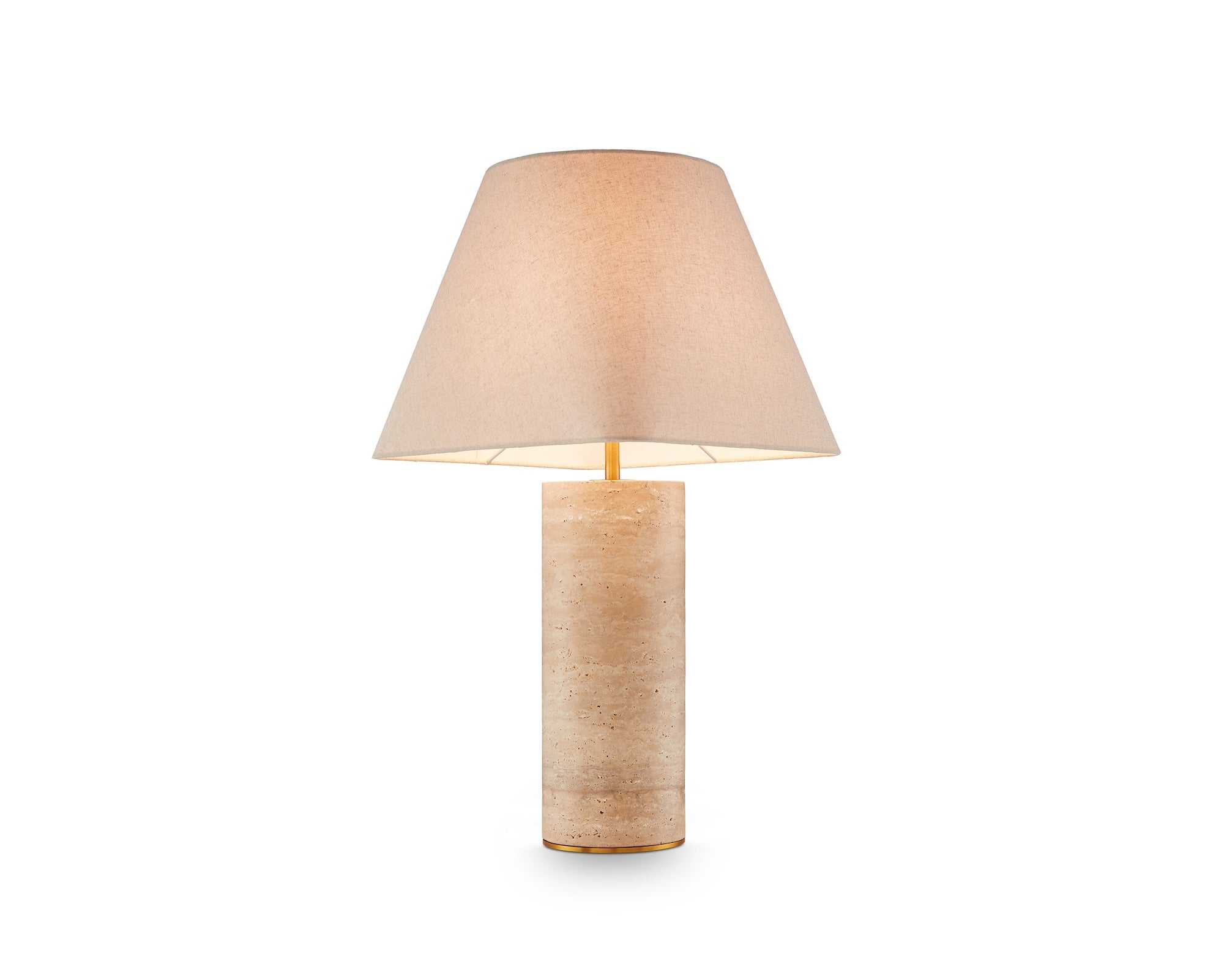 Corina Table Lamp by Liang & Eimil featuring a travertine marble cylindrical base with antique brass detailing and a beige linen shade
