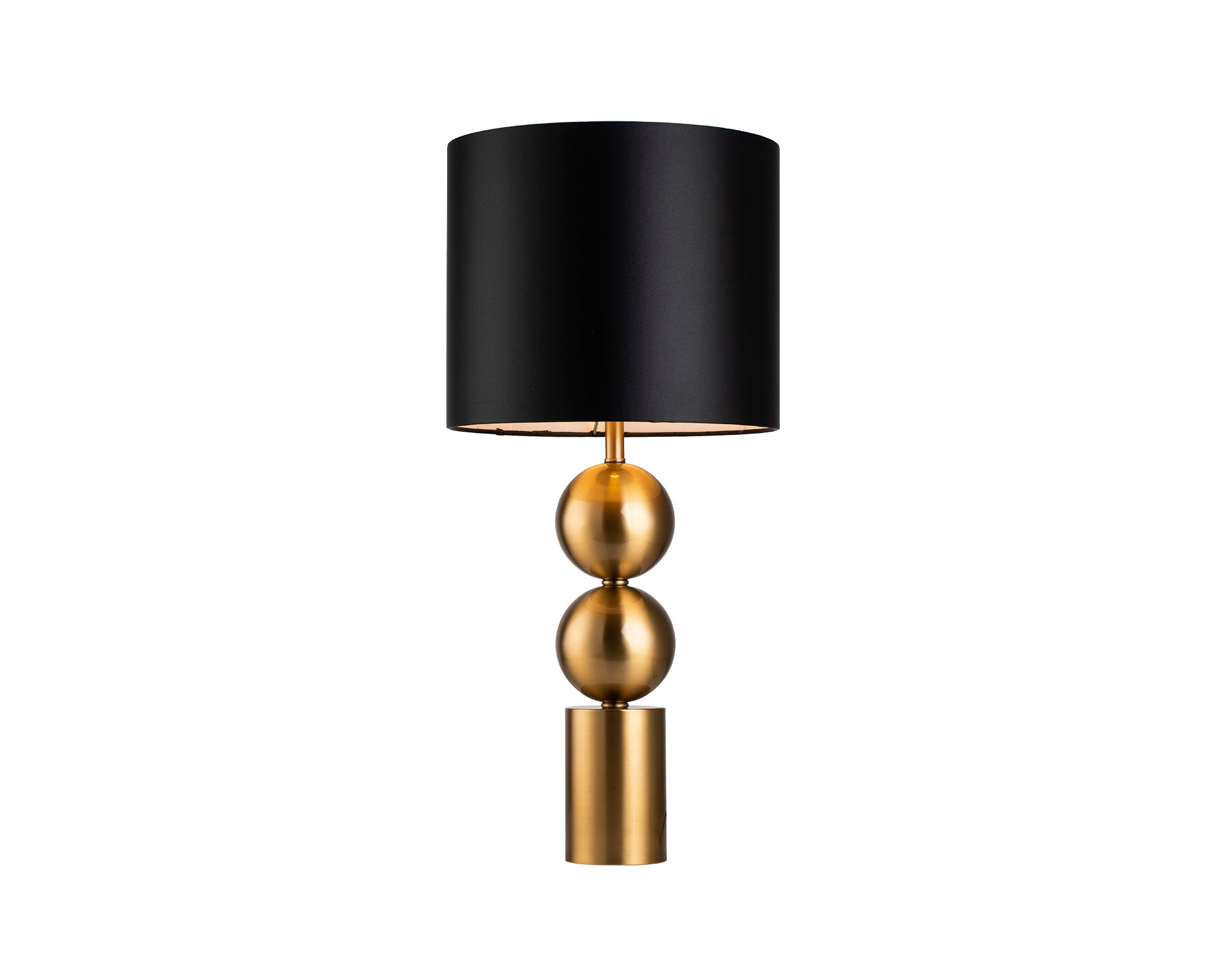 Corina Table Lamp by Liang & Eimil featuring a travertine marble cylindrical base with antique brass detailing and a beige linen shade