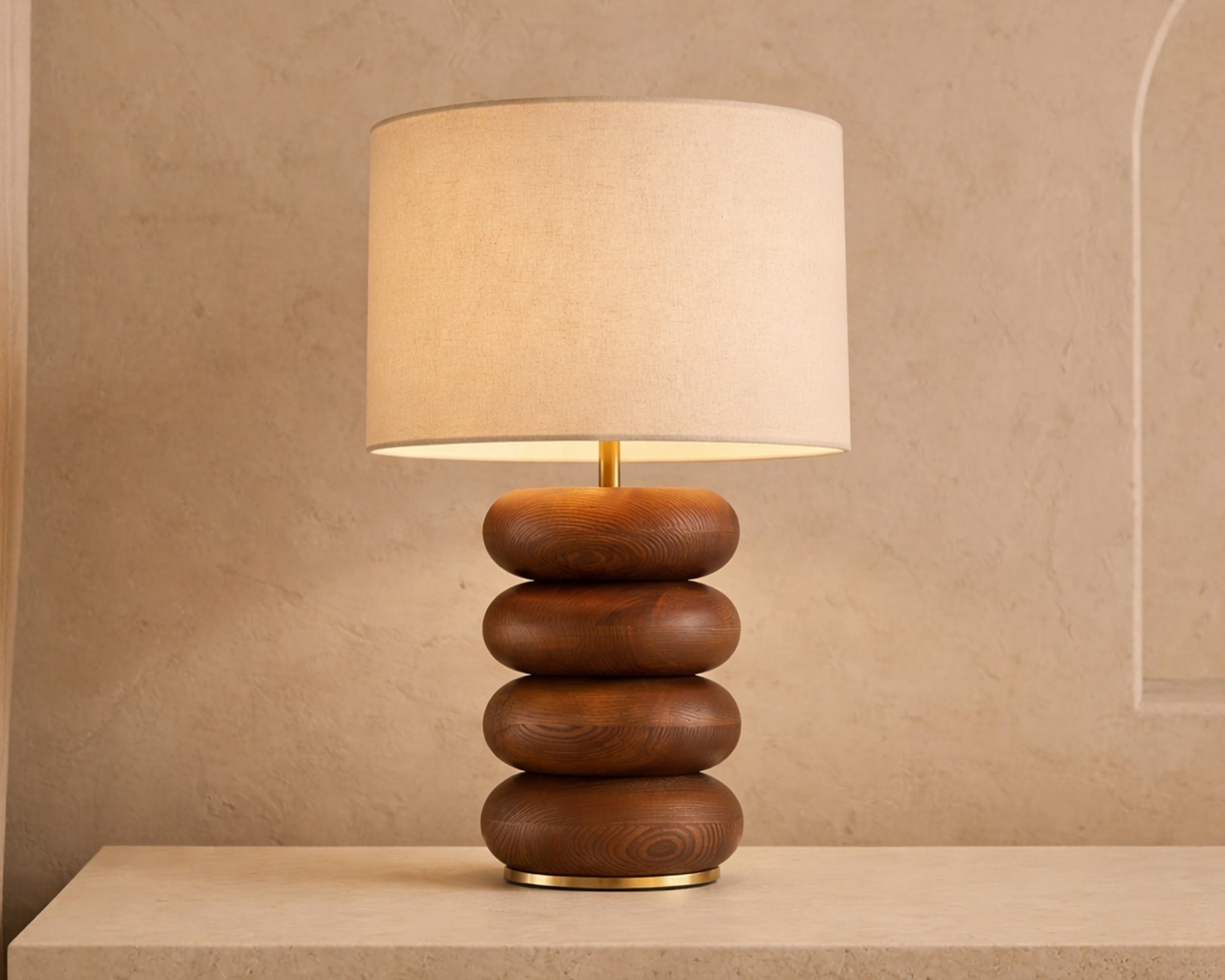 Dalt Table Lamp by Liang & Eimil featuring a sculpted oak wood base with a textured beige linen shade