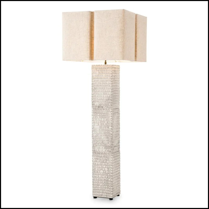 Division Floor Lamp showcasing its sculptural crackled white Raku ceramic base and refined linen-look shade