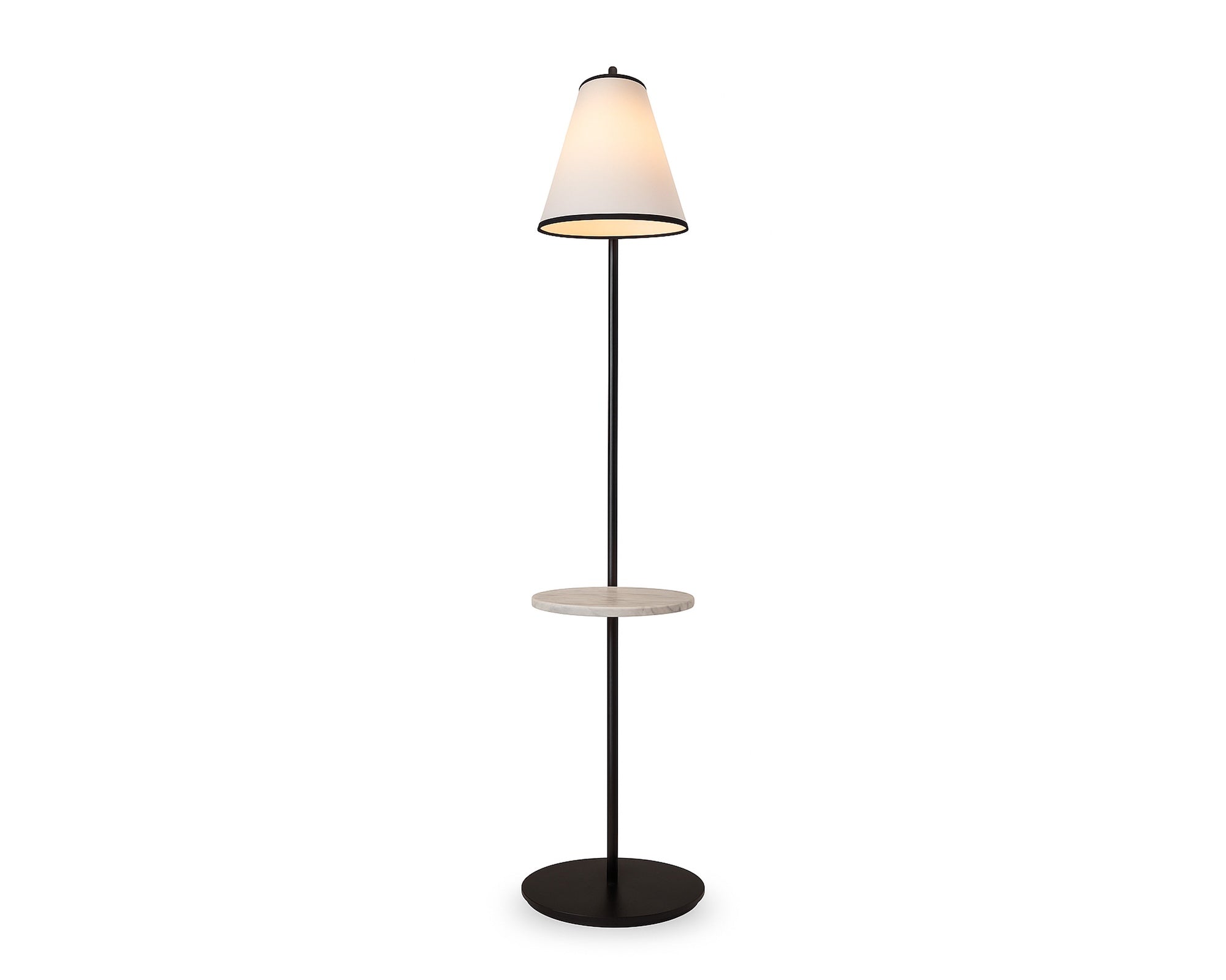 Edgar Floor Lamp by Liang & Eimil featuring a black metal frame, Carrara marble base, and white linen shade