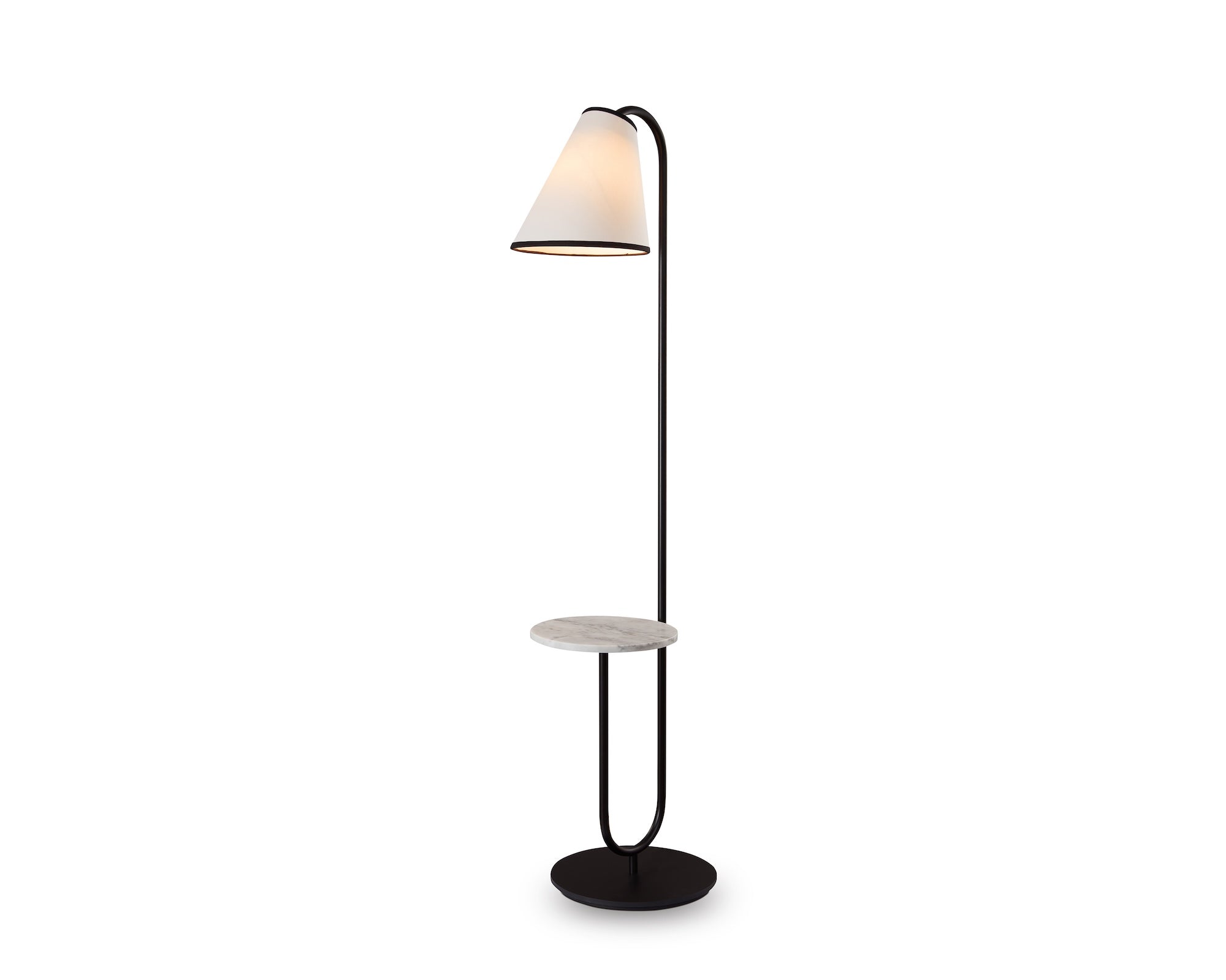 Edgar Floor Lamp by Liang & Eimil featuring a black metal frame, Carrara marble base, and white linen shade