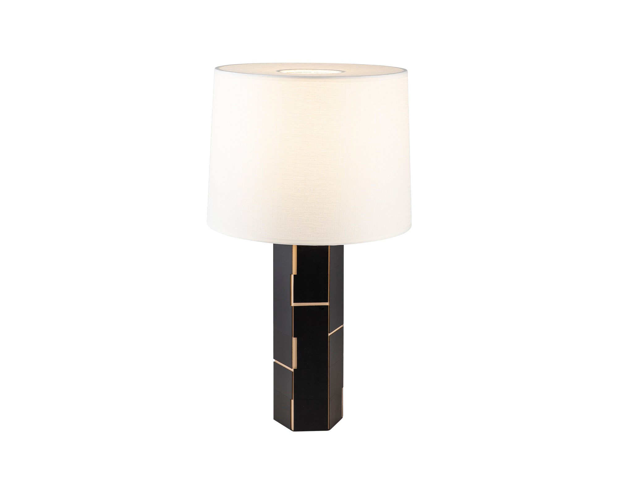 Exeter Table Lamp by Liang & Eimil featuring a black leather base with brushed brass accents and a white fabric shade