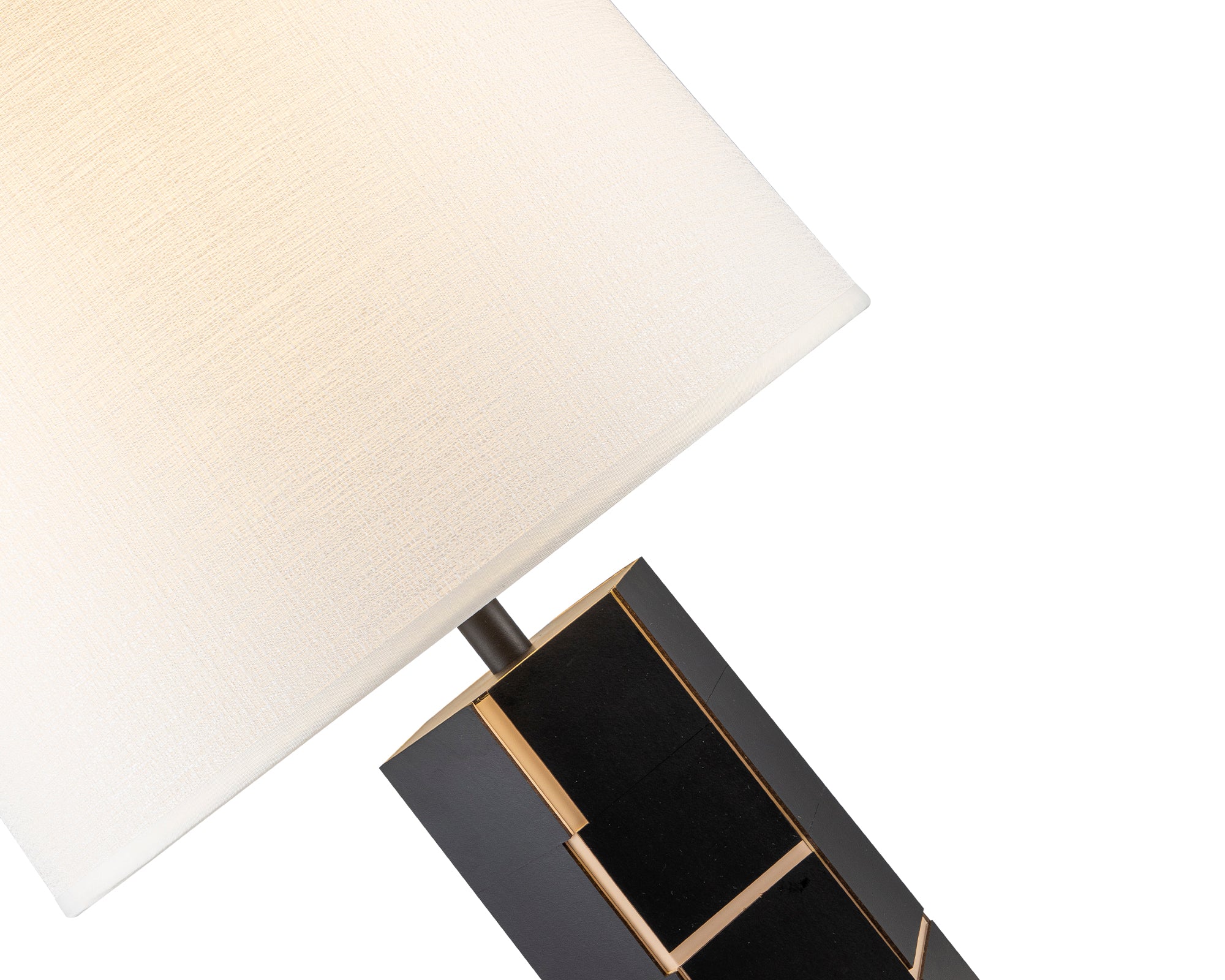 Exeter Table Lamp by Liang & Eimil featuring a black leather base with brushed brass accents and a white fabric shade