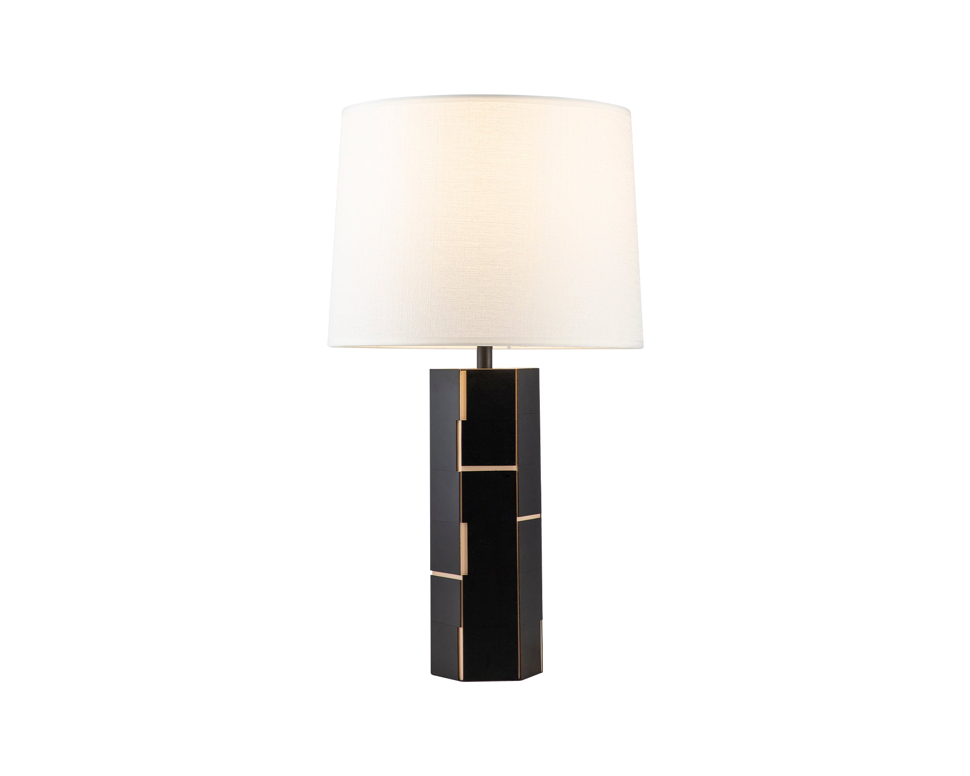 Exeter Table Lamp by Liang & Eimil featuring a black leather base with brushed brass accents and a white fabric shade