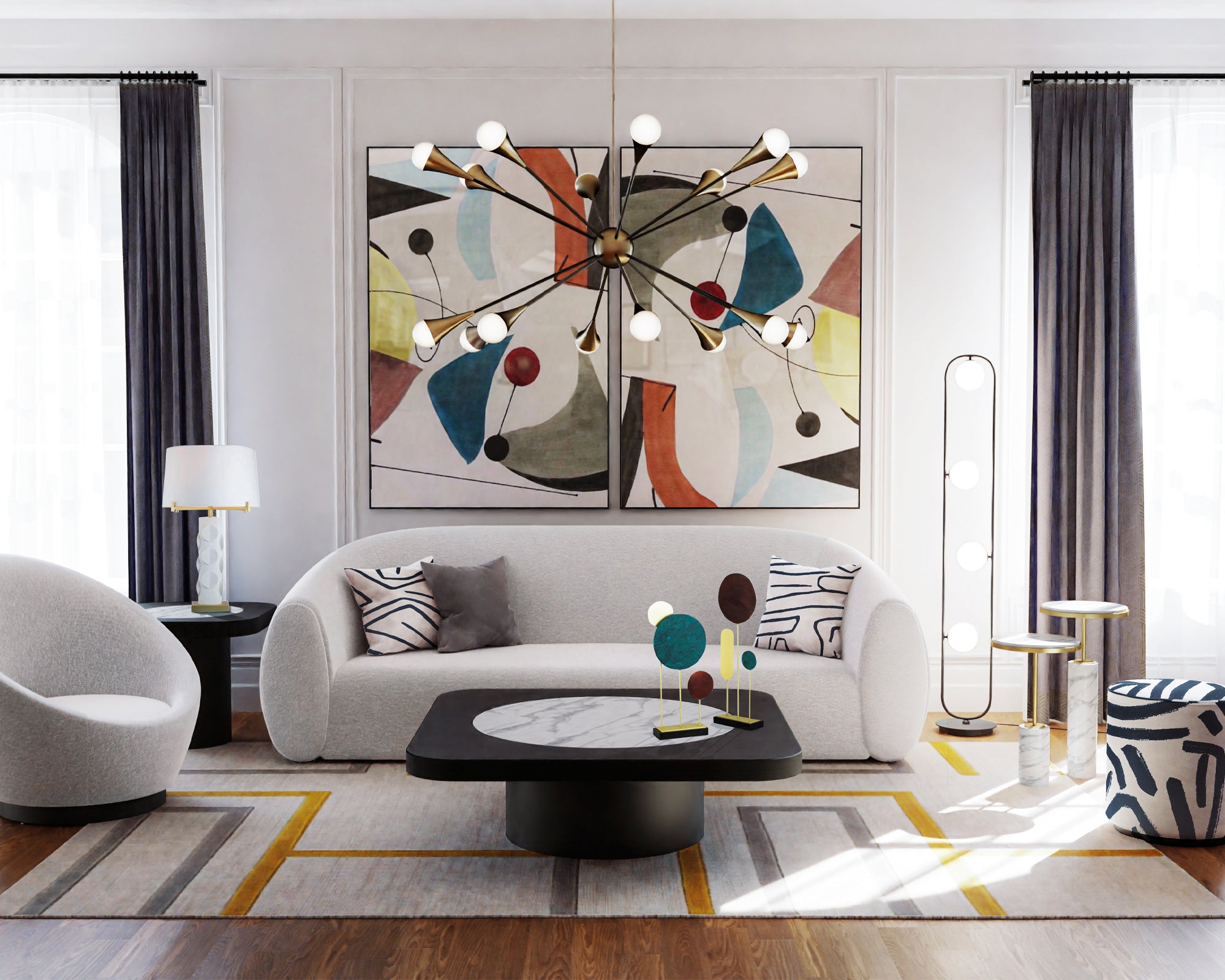 Gamma Pendant Lamp - Liang & Eimil featuring a celestial firework design in matt black, antique brass, and white glass.