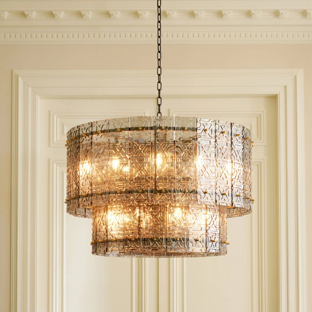 Elegant Georgette Chandelier featuring refined light smoke glass panels