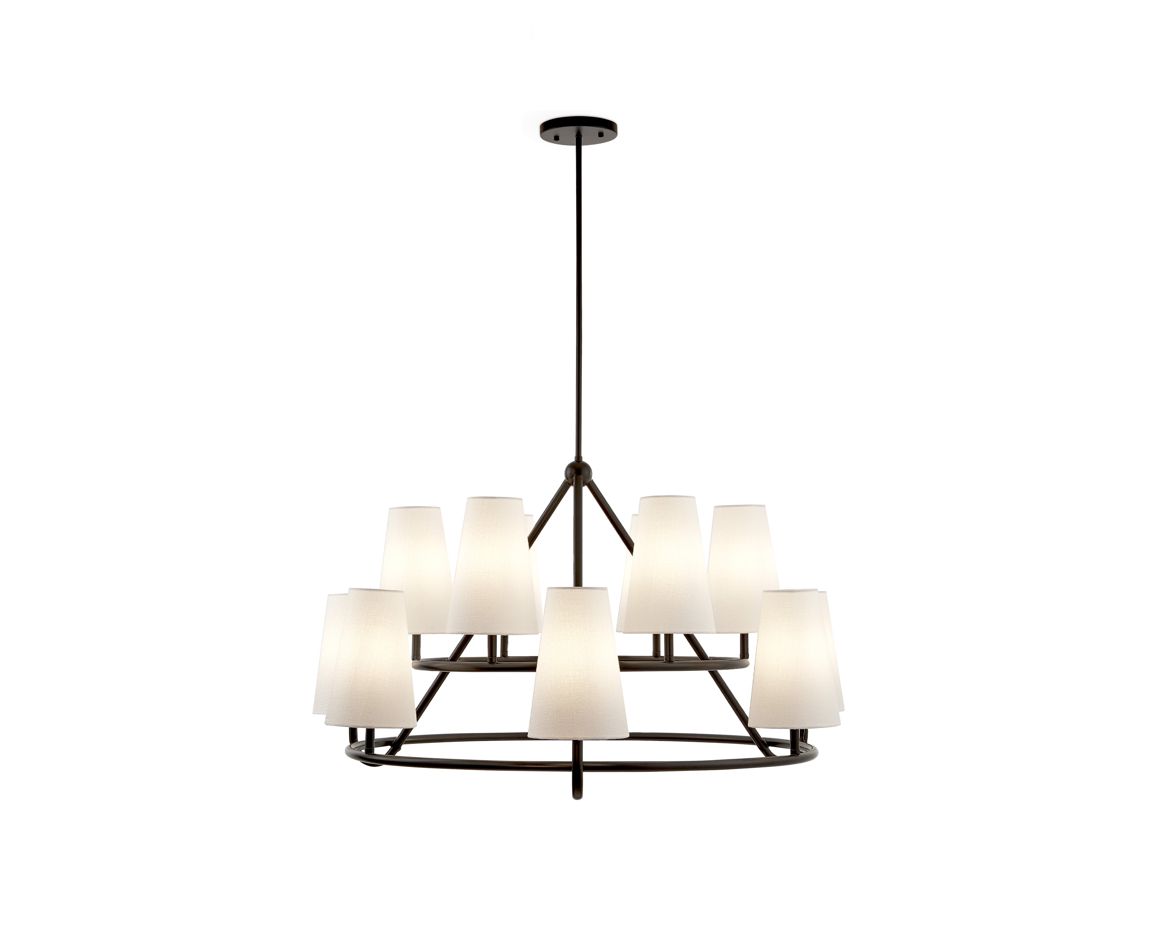 Gildan Chandelier - Liang & Eimil featuring twelve white linen shades on a black iron frame.