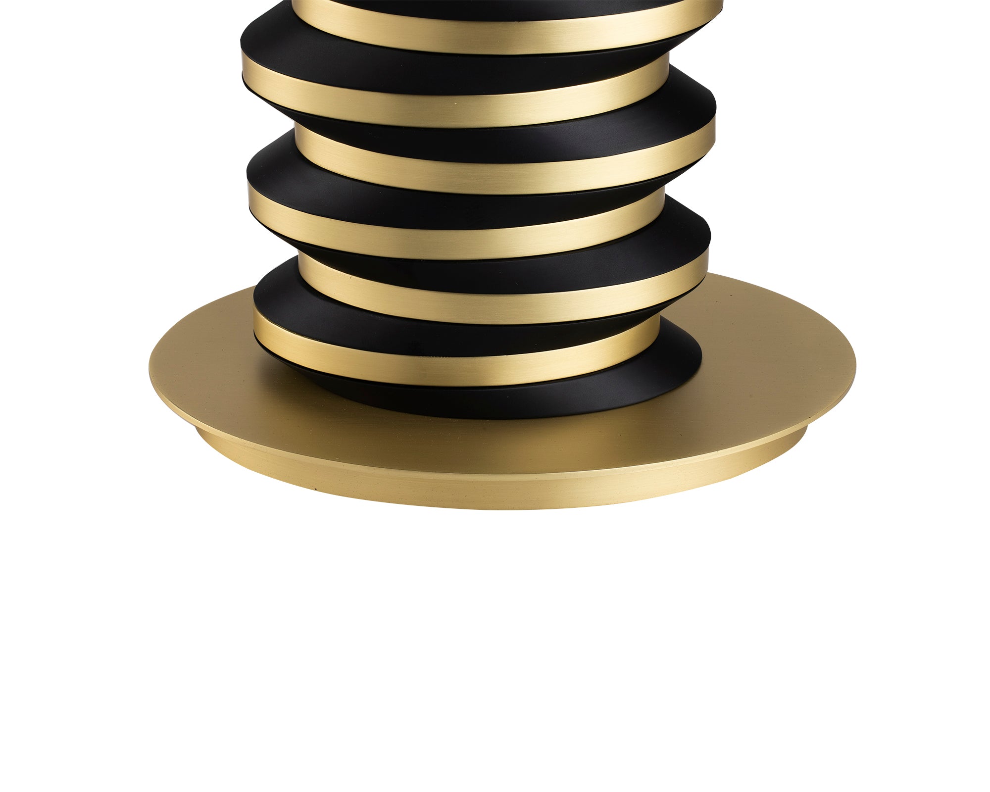 Jacquard Table Lamp by Liang & Eimil featuring a brushed brass stacked disc base with matte black accents and a black fabric shade