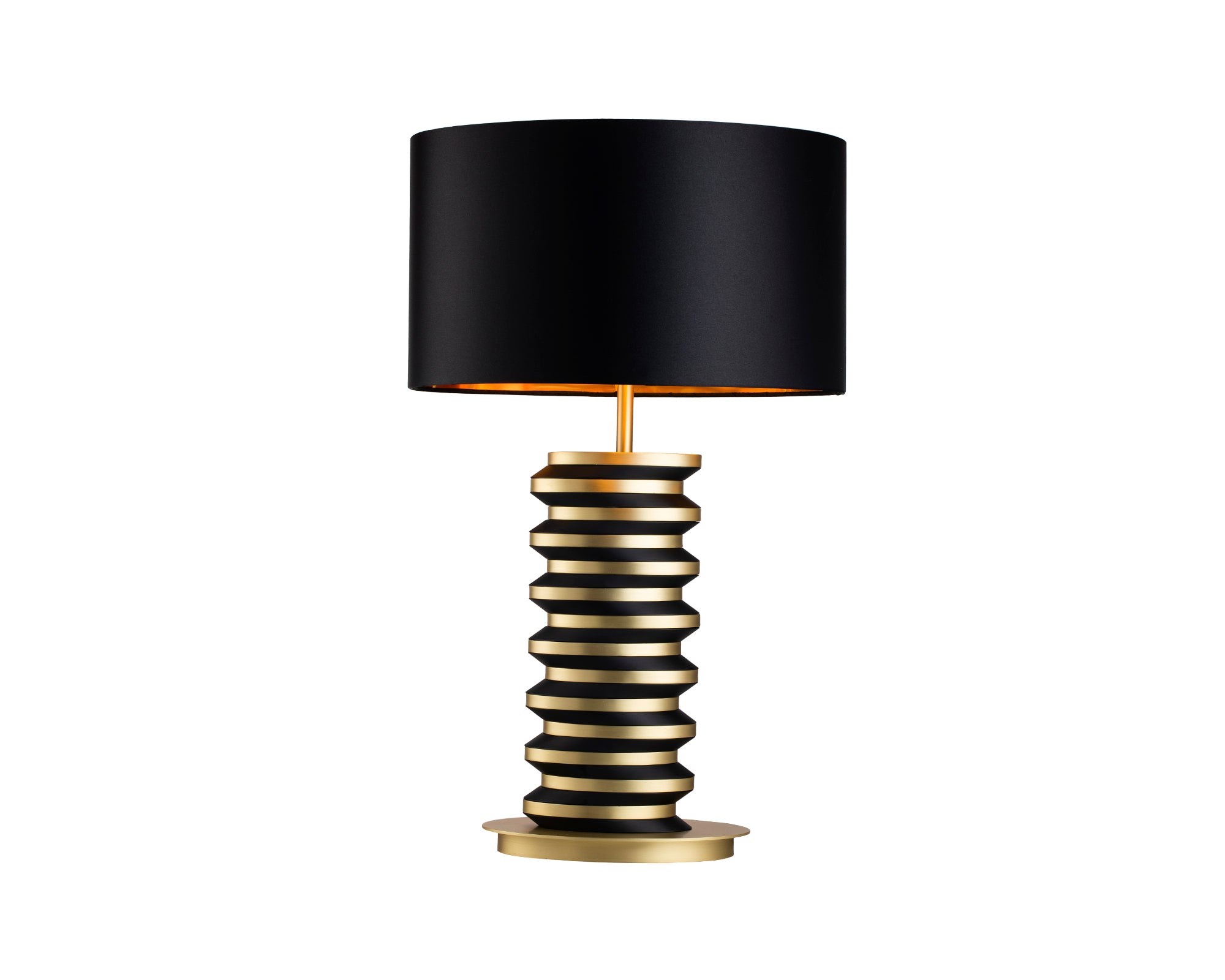 Jacquard Table Lamp by Liang & Eimil featuring a brushed brass stacked disc base with matte black accents and a black fabric shade