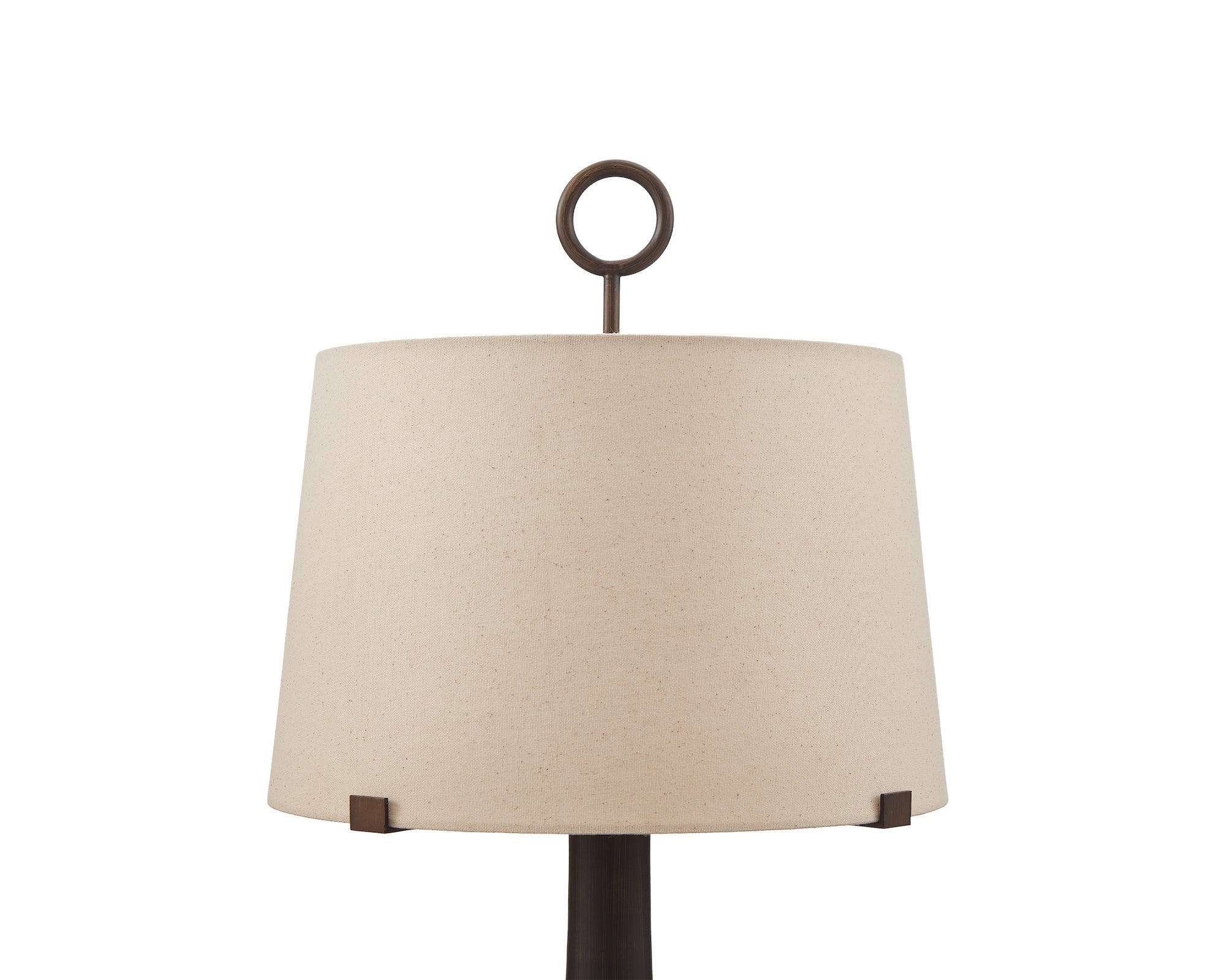Leila Table Lamp by Liang & Eimil featuring an antique hairline bronze base and off-white linen shade