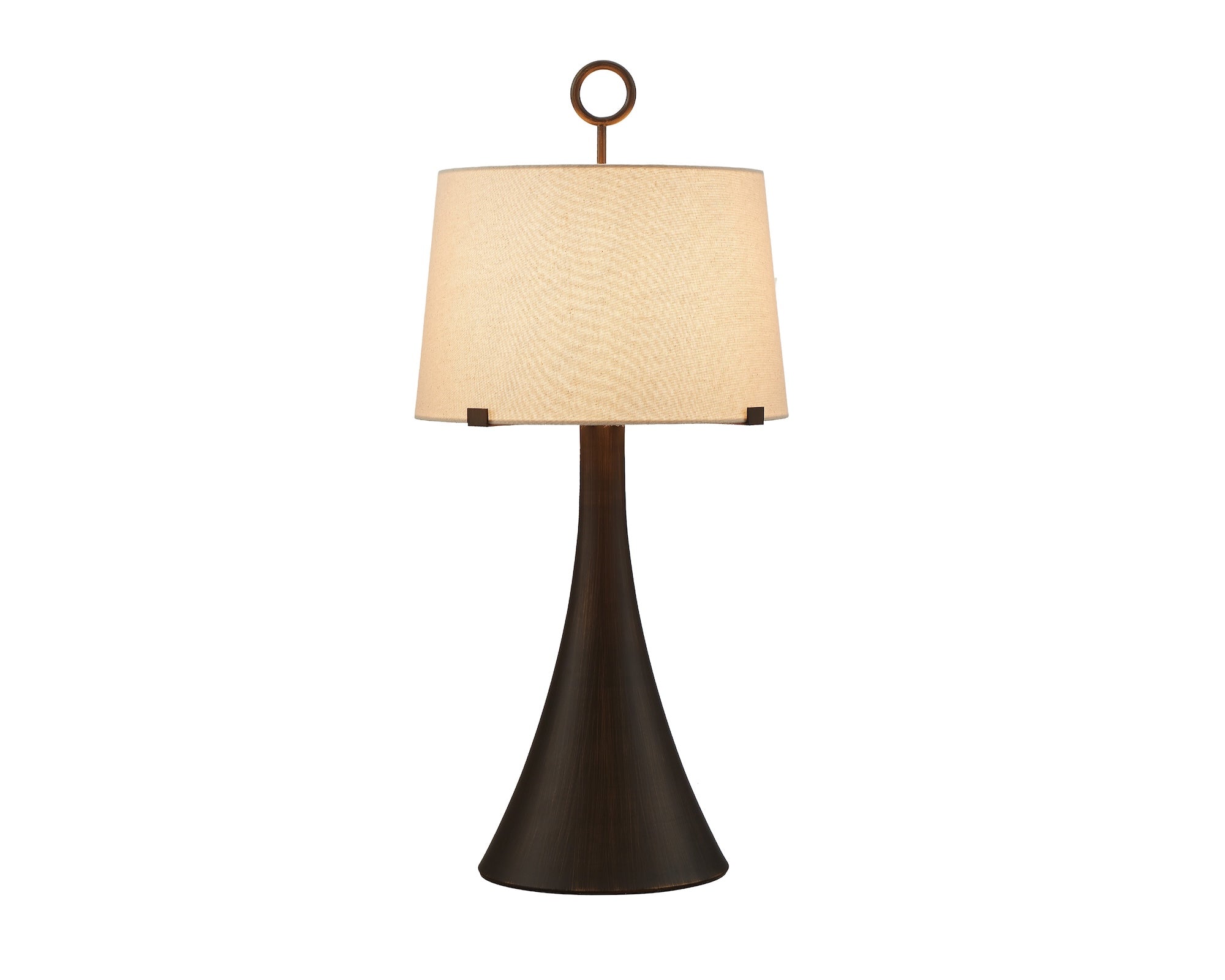 Leila Table Lamp by Liang & Eimil featuring an antique hairline bronze base and off-white linen shade