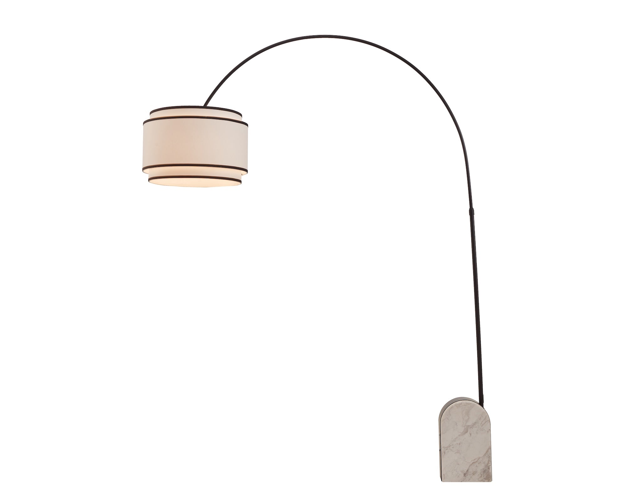 Arcadia Floor Lamp by Liang & Eimil featuring a travertine marble base, matte black frame, and linen shade