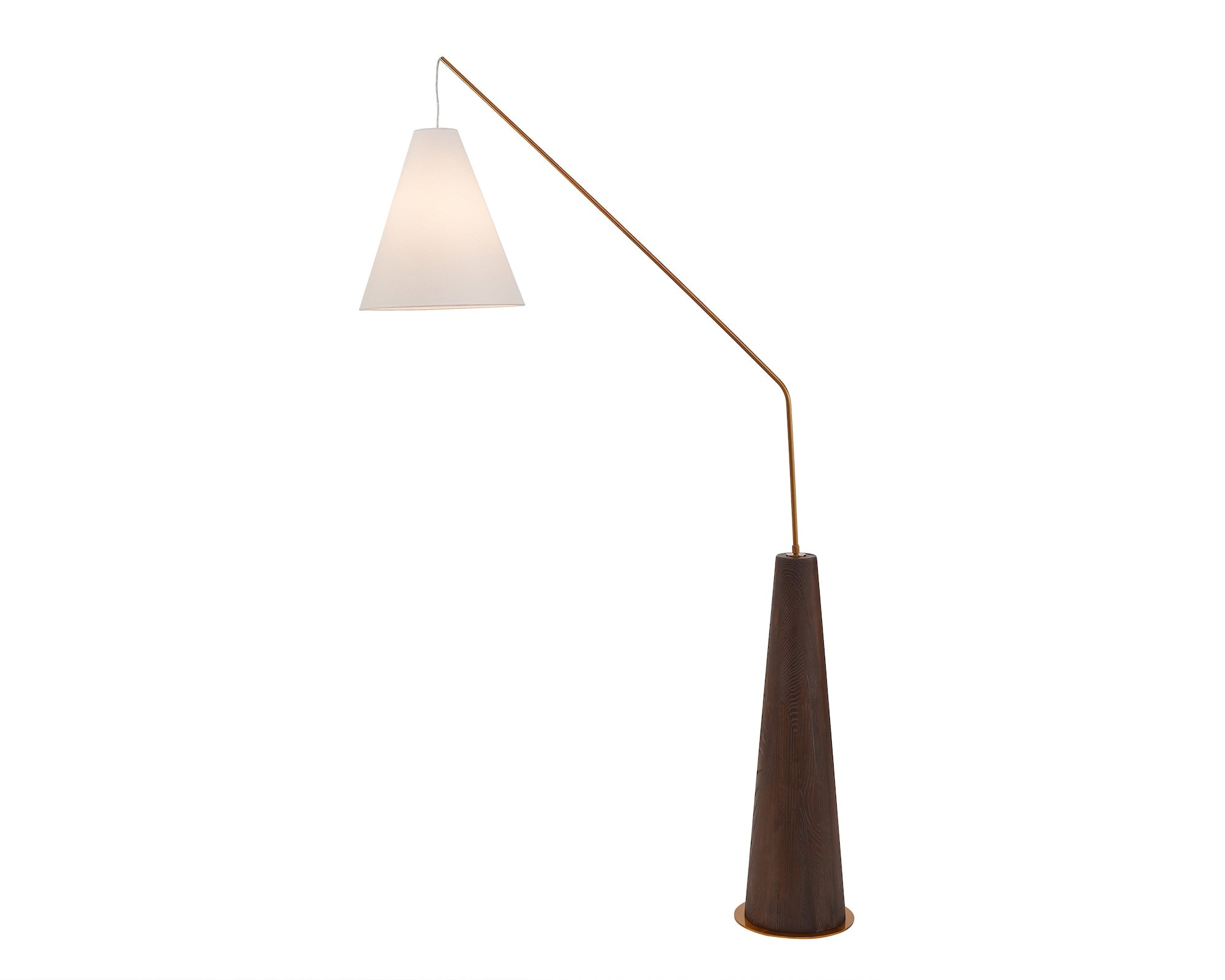 Brandon Floor Lamp by Liang & Eimil featuring brushed dark brown oak veneer, brass accents, and a cream linen shade