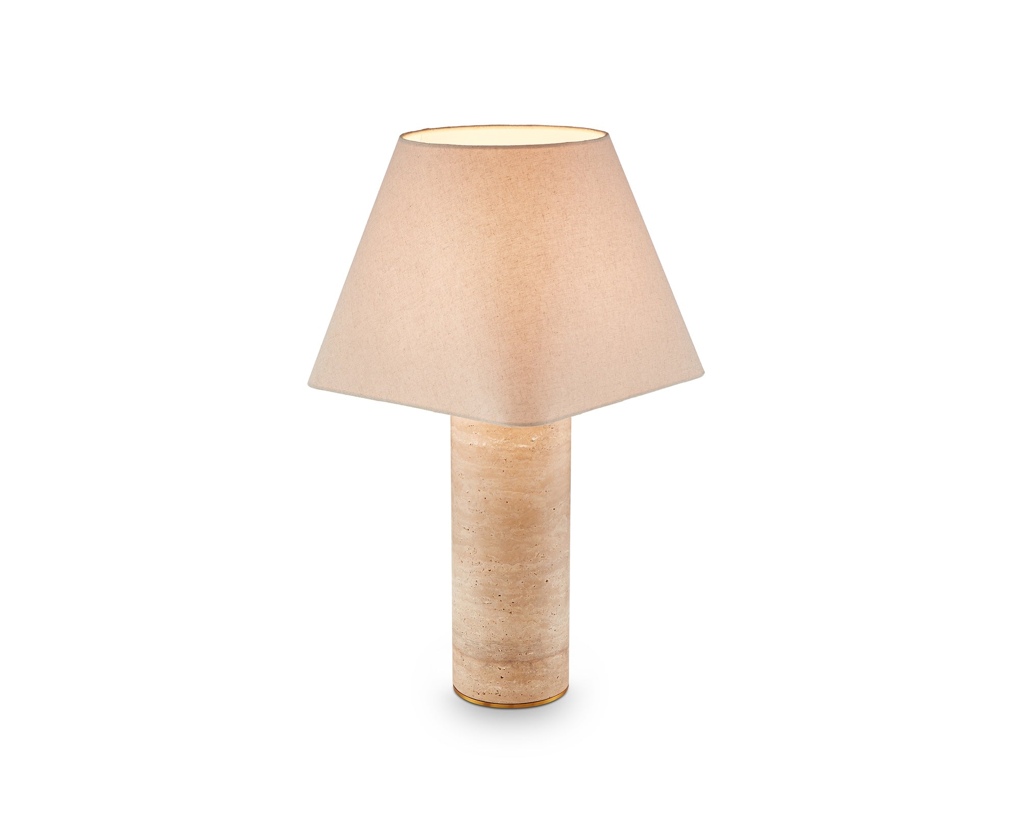 Corina Table Lamp by Liang & Eimil featuring a travertine marble cylindrical base with antique brass detailing and a beige linen shade