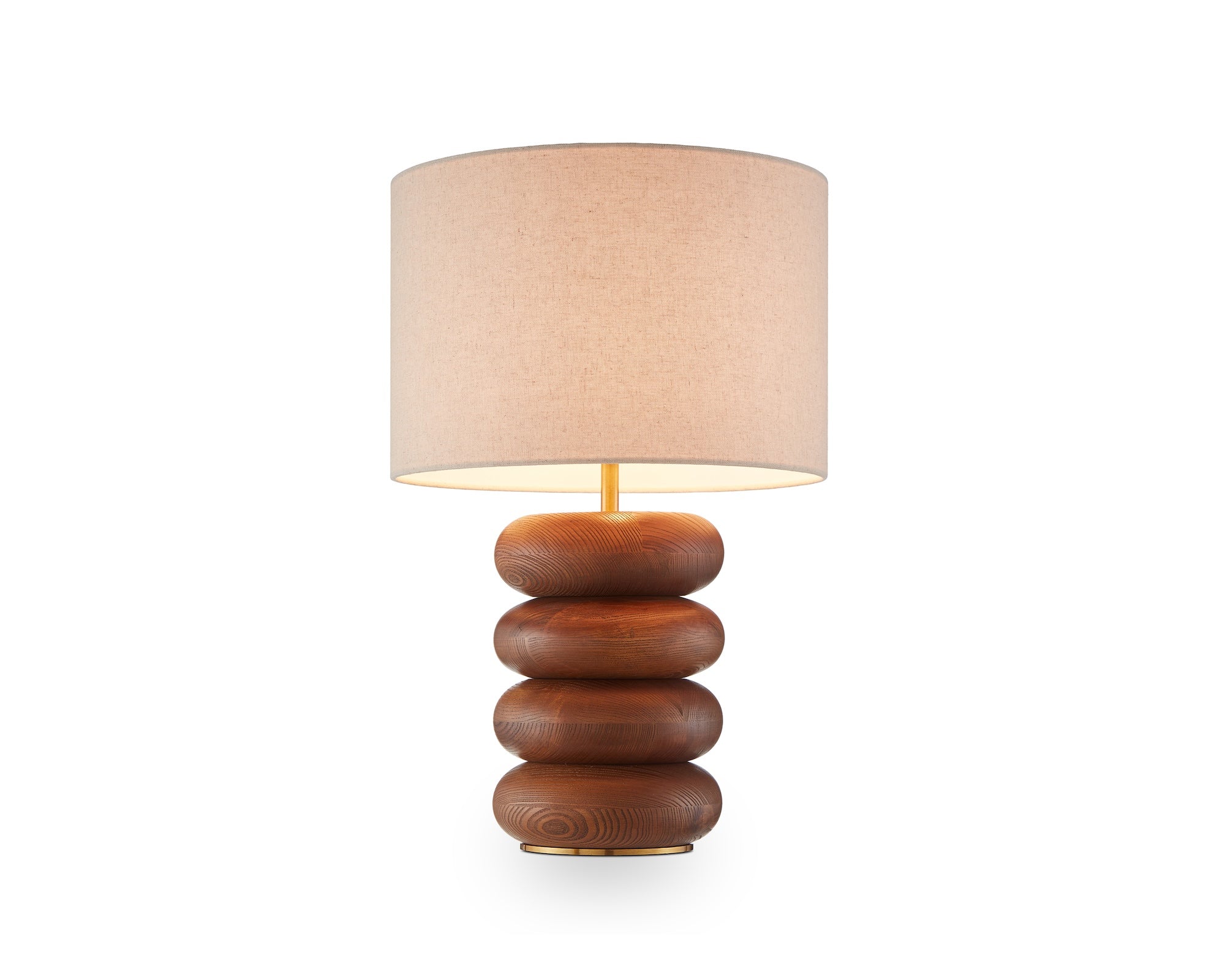 Dalt Table Lamp by Liang & Eimil featuring a sculpted oak wood base with a textured beige linen shade