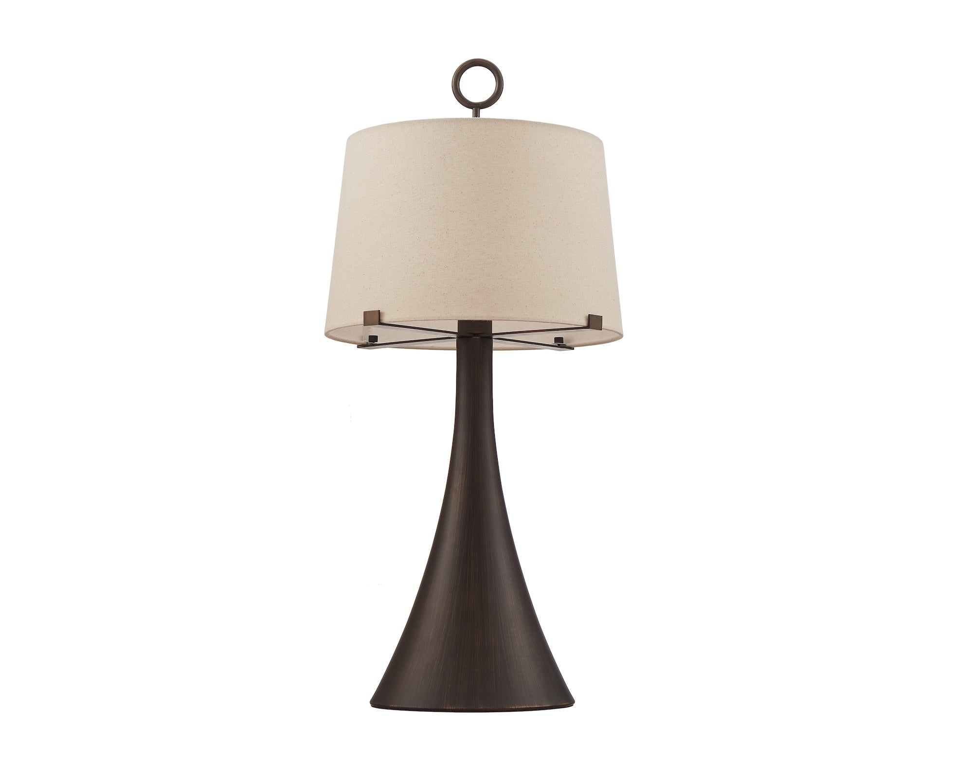 Leila Table Lamp by Liang & Eimil featuring an antique hairline bronze base and off-white linen shade