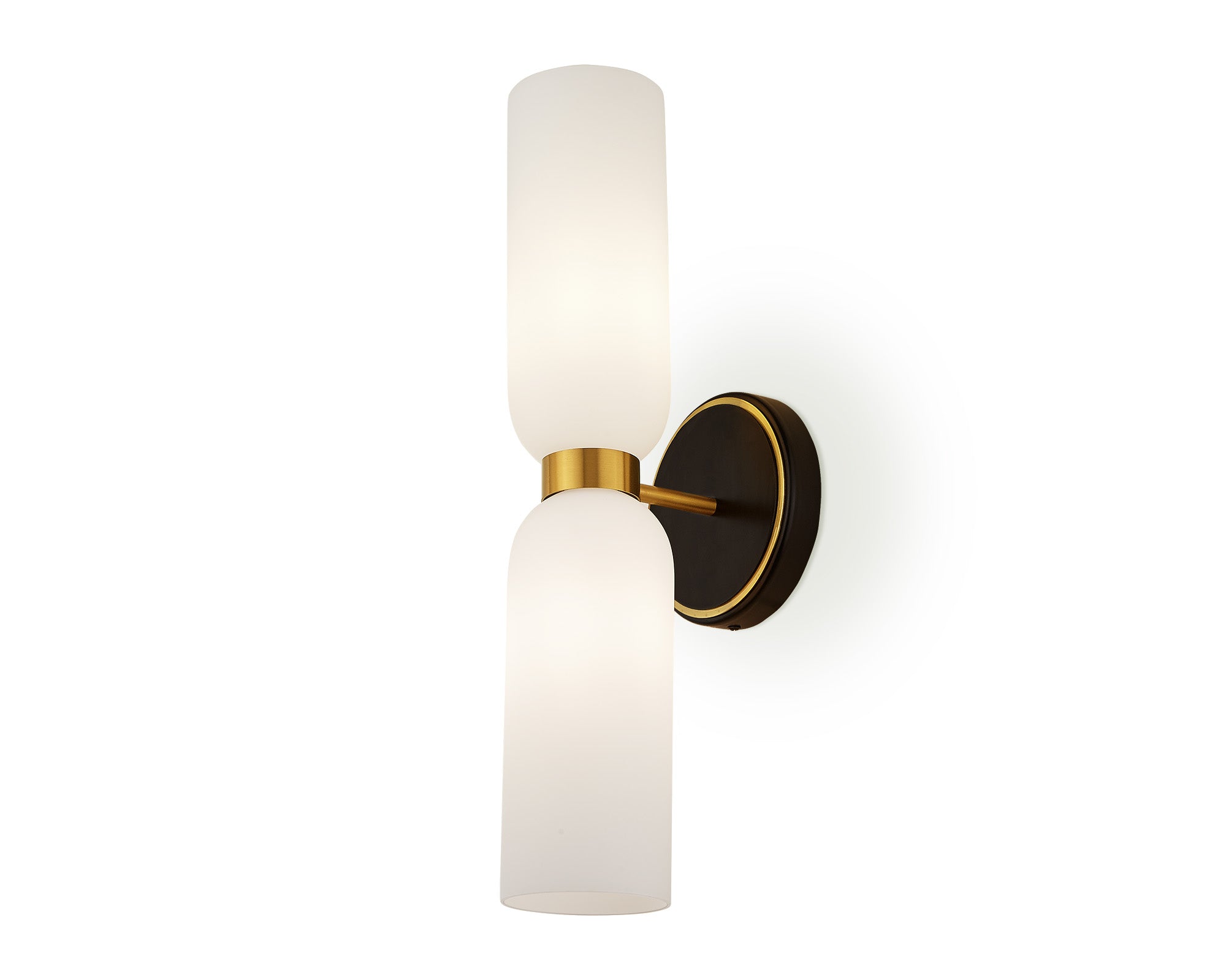 Pawson Wall Light by Liang & Eimil with white glass shades, black iron frame, and brass accents