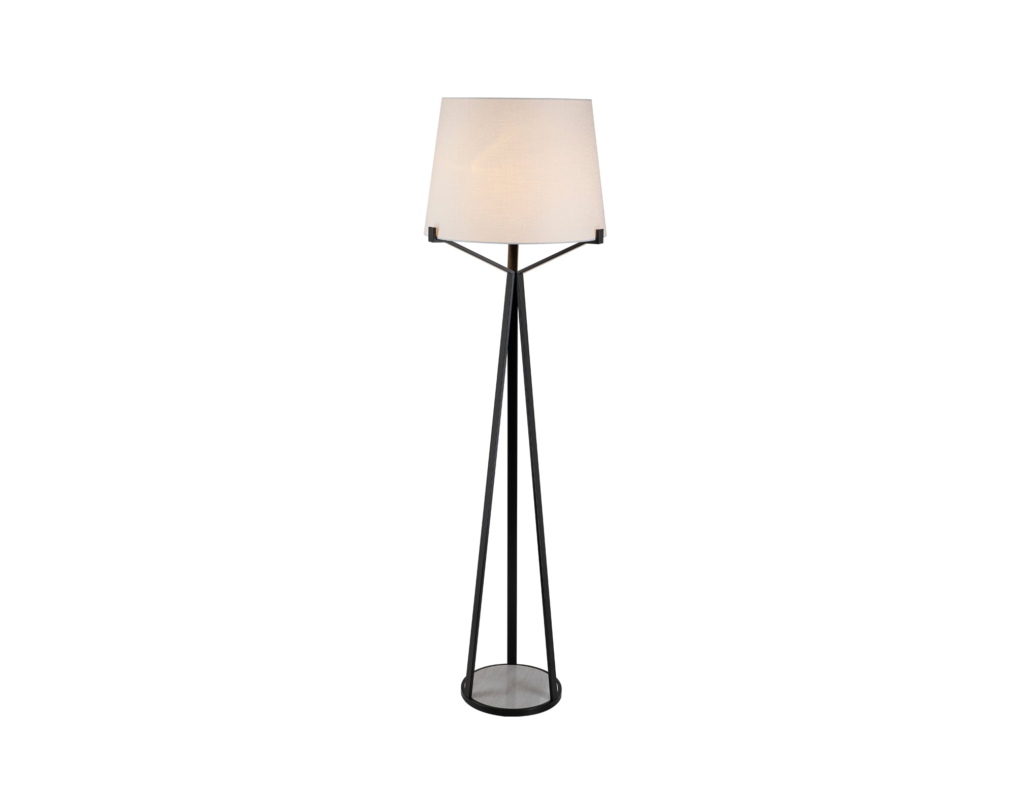 Luca Floor Lamp by Liang & Eimil featuring a matte black metal frame, white marble base, and linen shade