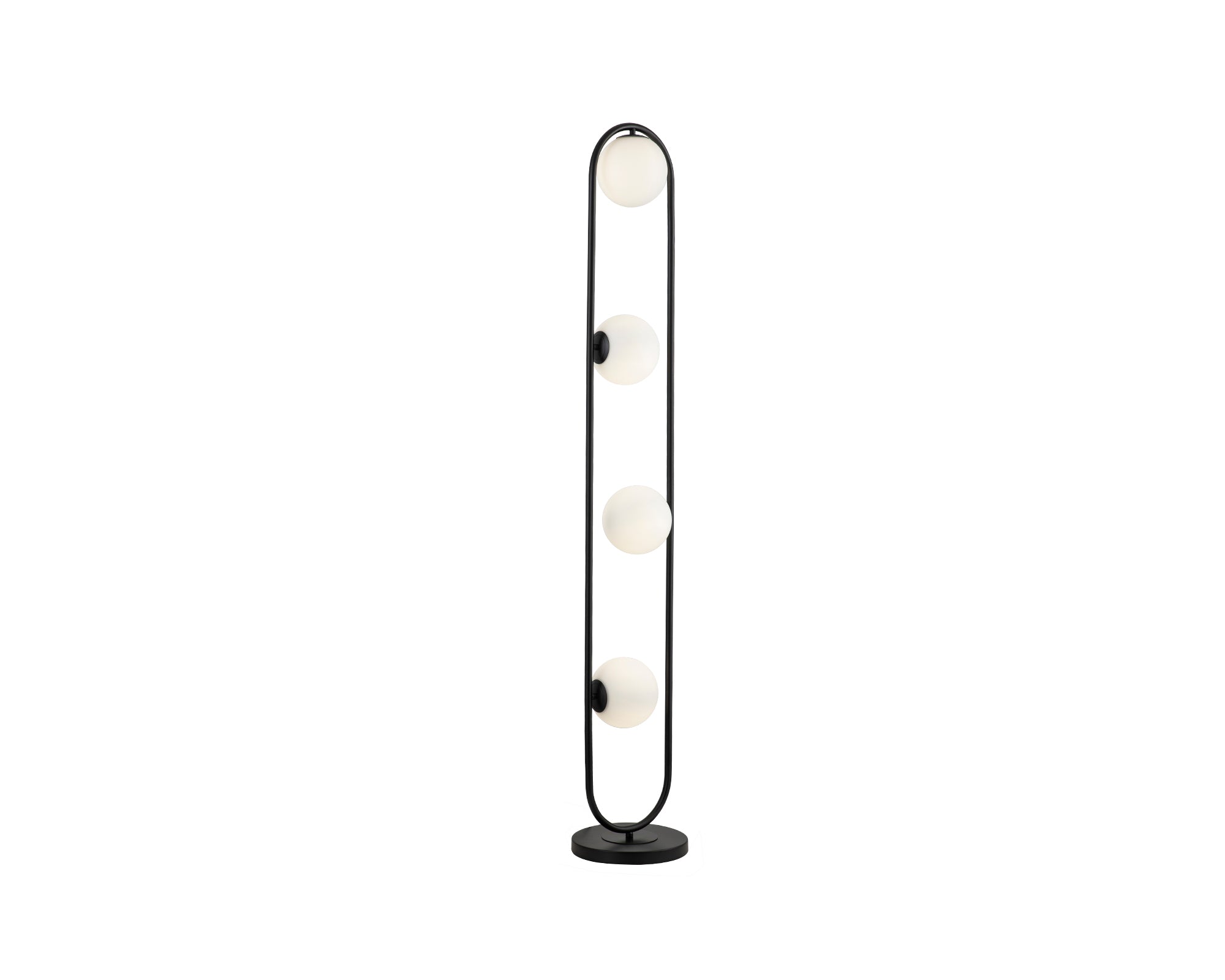 Luca Black Floor Lamp by Liang & Eimil featuring four opal white glass spheres on a matte black metal frame