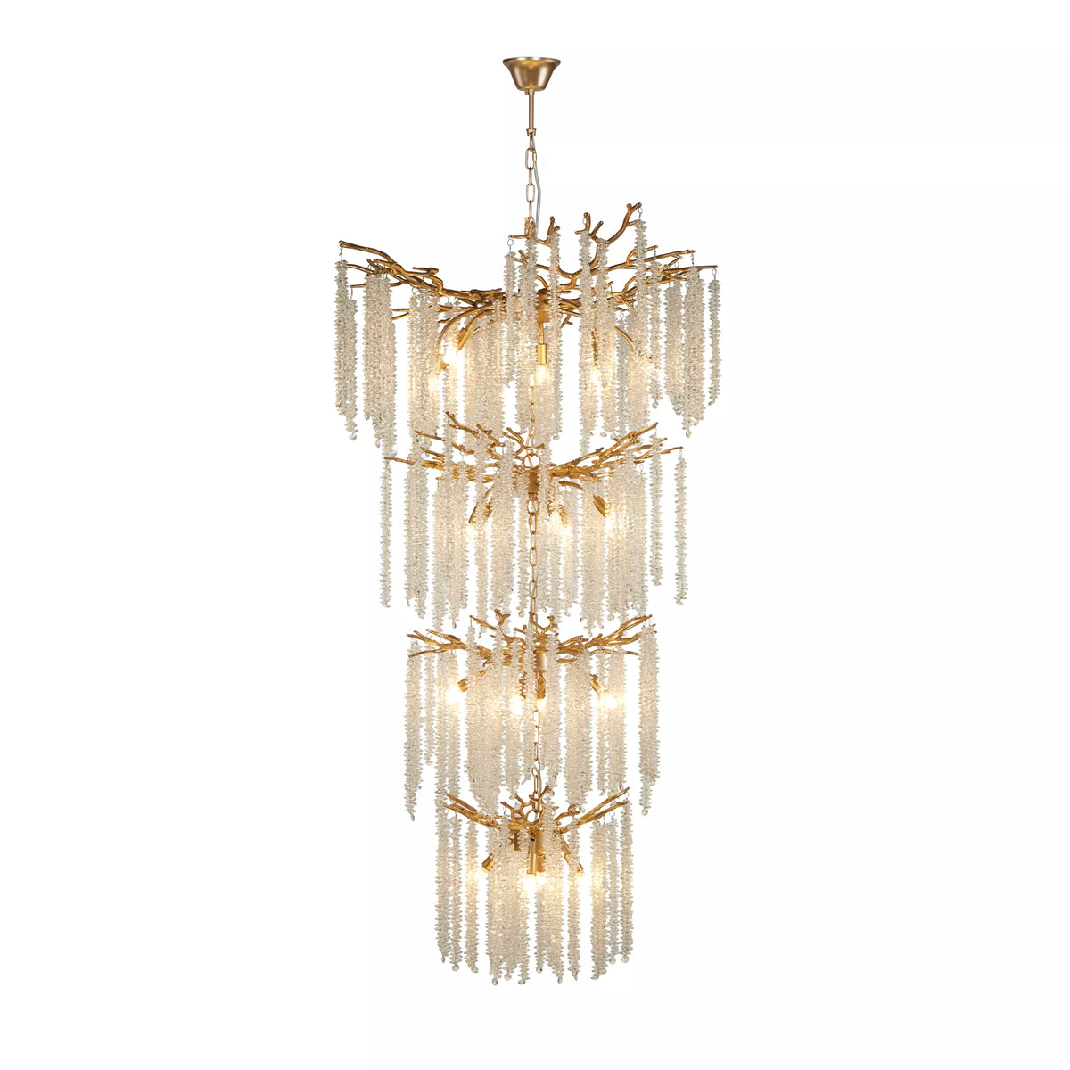 Lux & Belle 21Lt Stairwell showcasing its luxurious matt gold structure and elegant clear crystal tiers