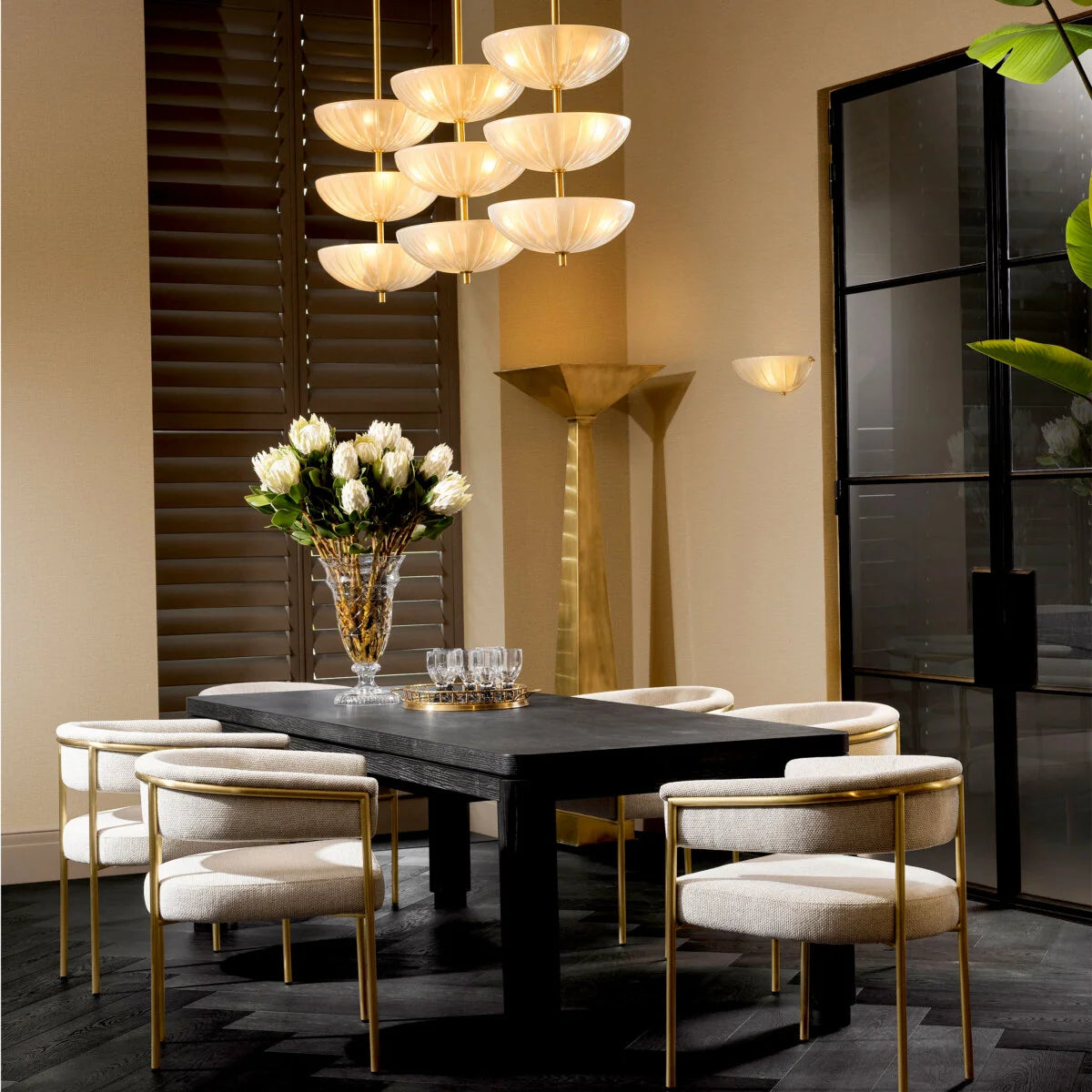 Front view of the Maranello Chandelier with its elegant three-tiered silhouette