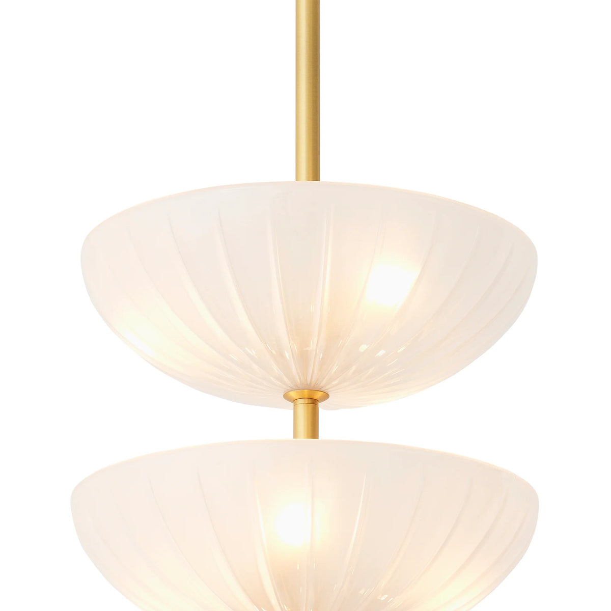 Close-up of the softly frosted recycled glass shades and antique brass framework