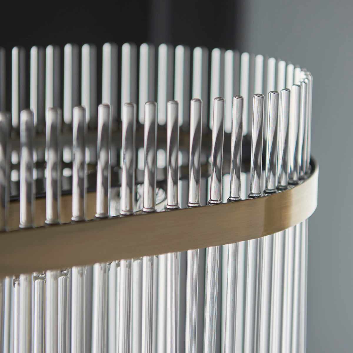 Detailed view of the decorative clear glass rods that delicately diffuse the light